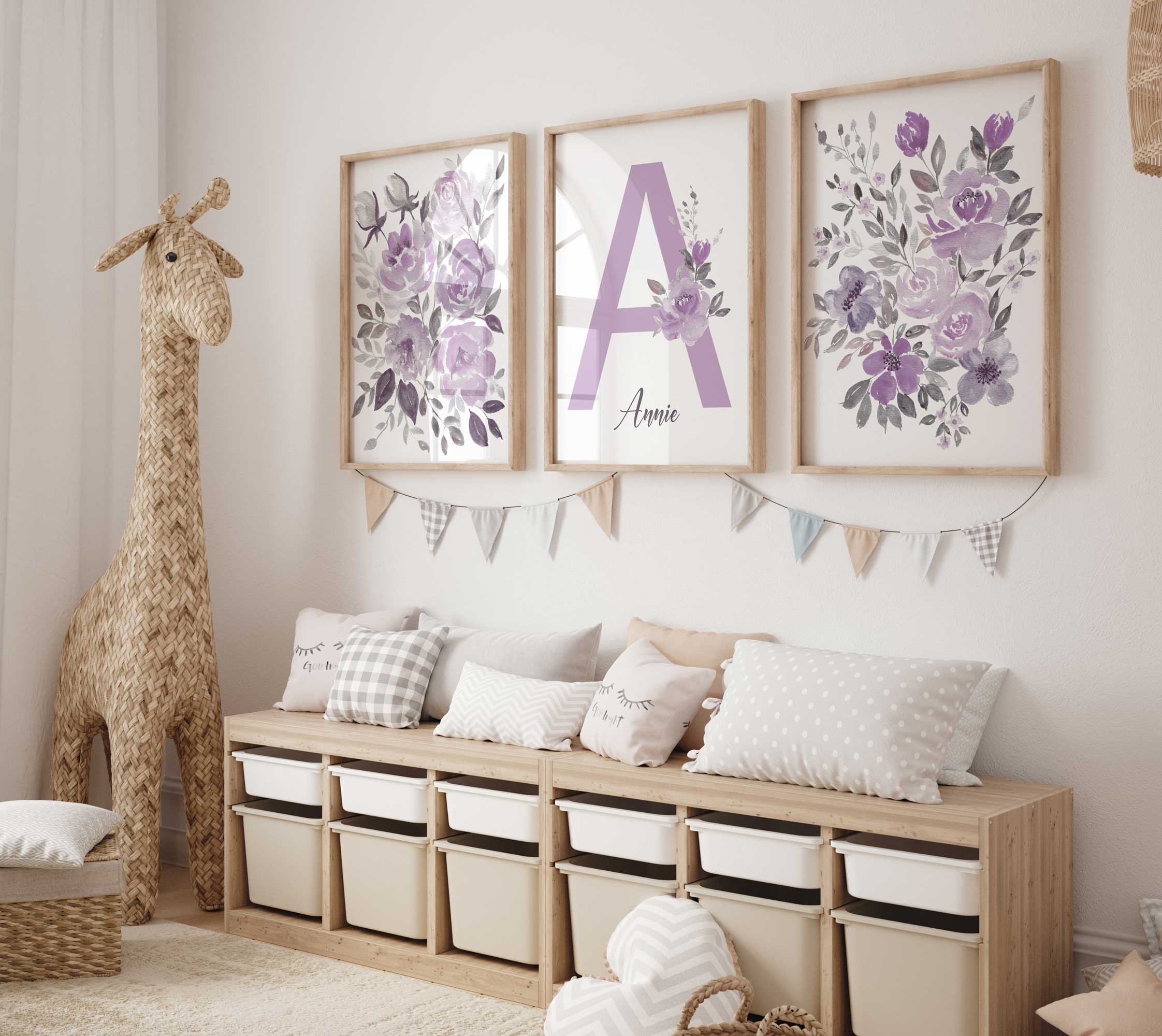 A set of three lilac watercolour nursery prints with a personalised name panel in the centre