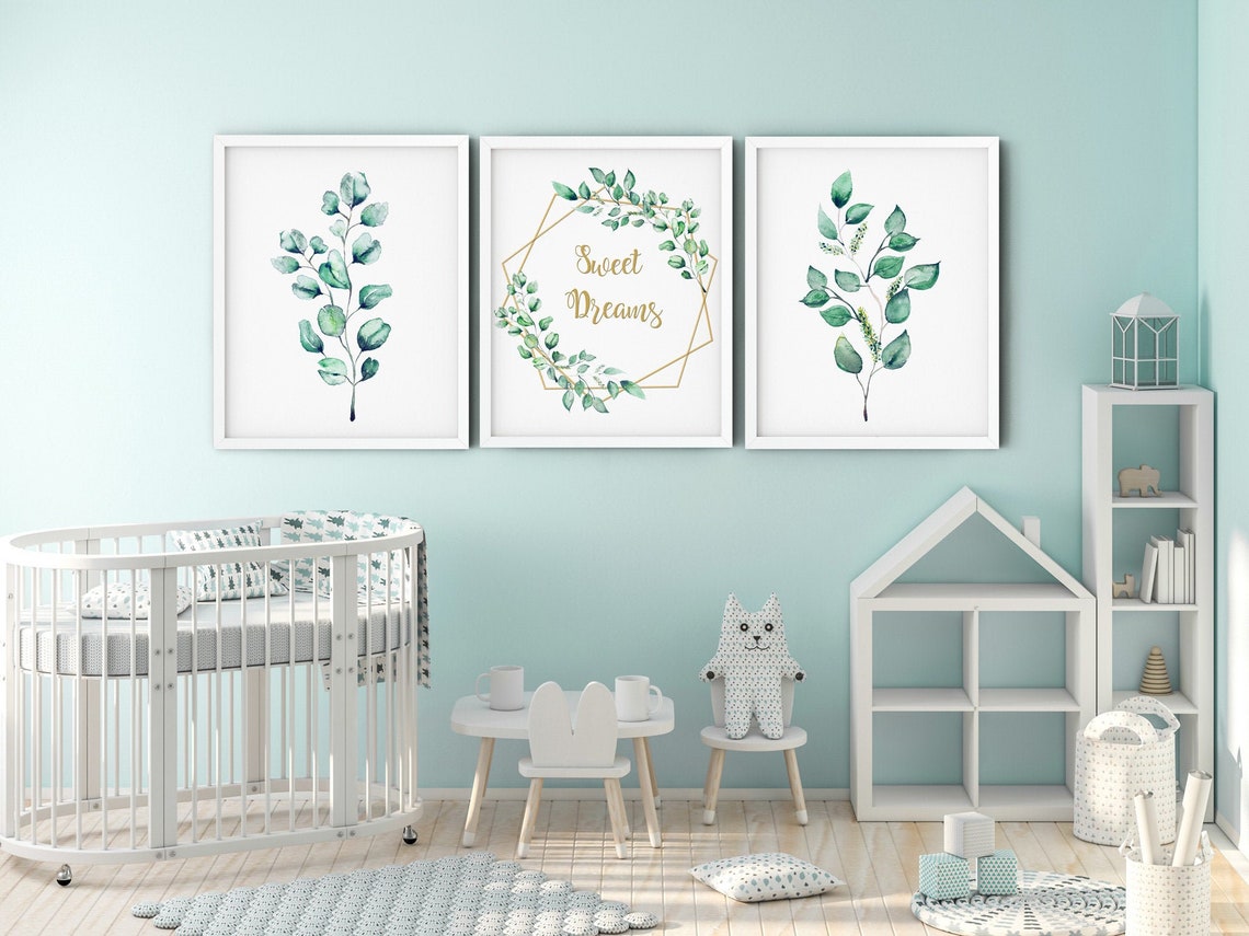 Set of three gender-neutral eucalyptus nursery prints with a personalised name print in the centre