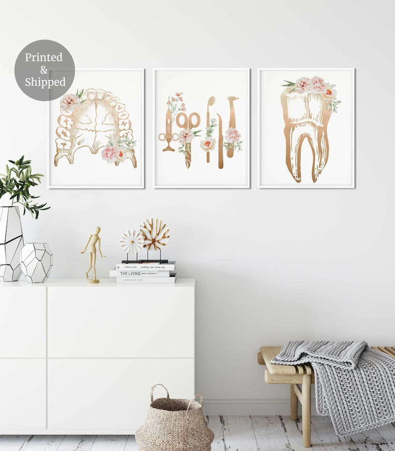 Three watercolour tooth anatomy prints with floral detail, hung as a set on a pale clinic wall