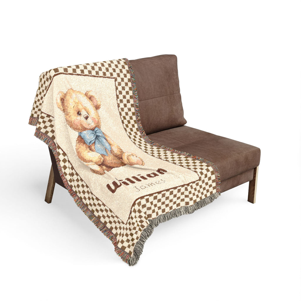 Custom Woven Teddy Bear Baby Blanket Personalized Bear Blanket Nursery Decor,  Newborn Gift, Toddler Birthday Gift, Custom Name Blanket