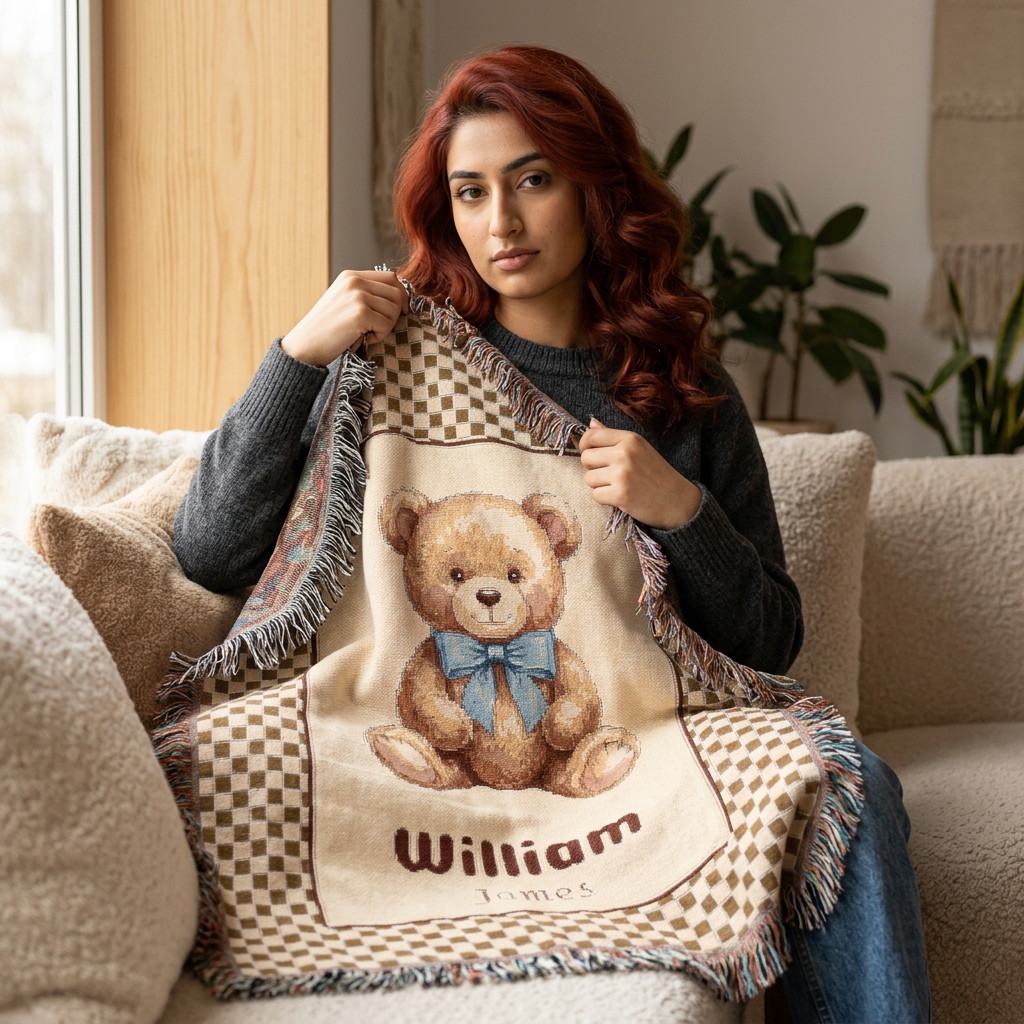 Custom Woven Teddy Bear Baby Blanket Personalized Bear Blanket Nursery Decor,  Newborn Gift, Toddler Birthday Gift, Custom Name Blanket