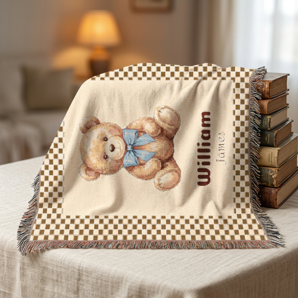 Custom Woven Teddy Bear Baby Blanket Personalized Bear Blanket Nursery Decor,  Newborn Gift, Toddler Birthday Gift, Custom Name Blanket
