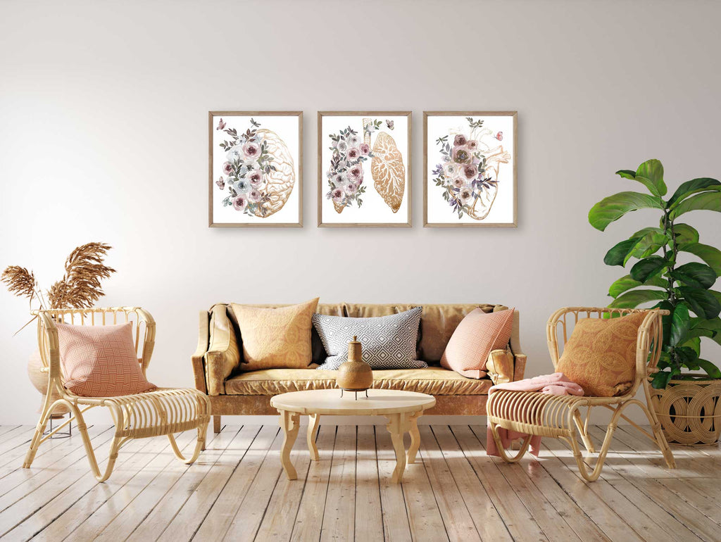 Gold Anatomy Wall Art Set of 3, Brain, Lungs, Heart Medical Art Print