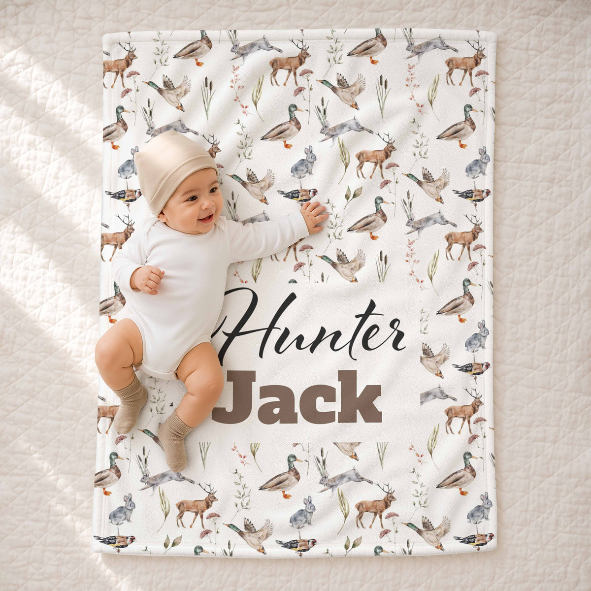 Ducks and deer hunting blanket, 30 by 40 inch size, personalised with a name