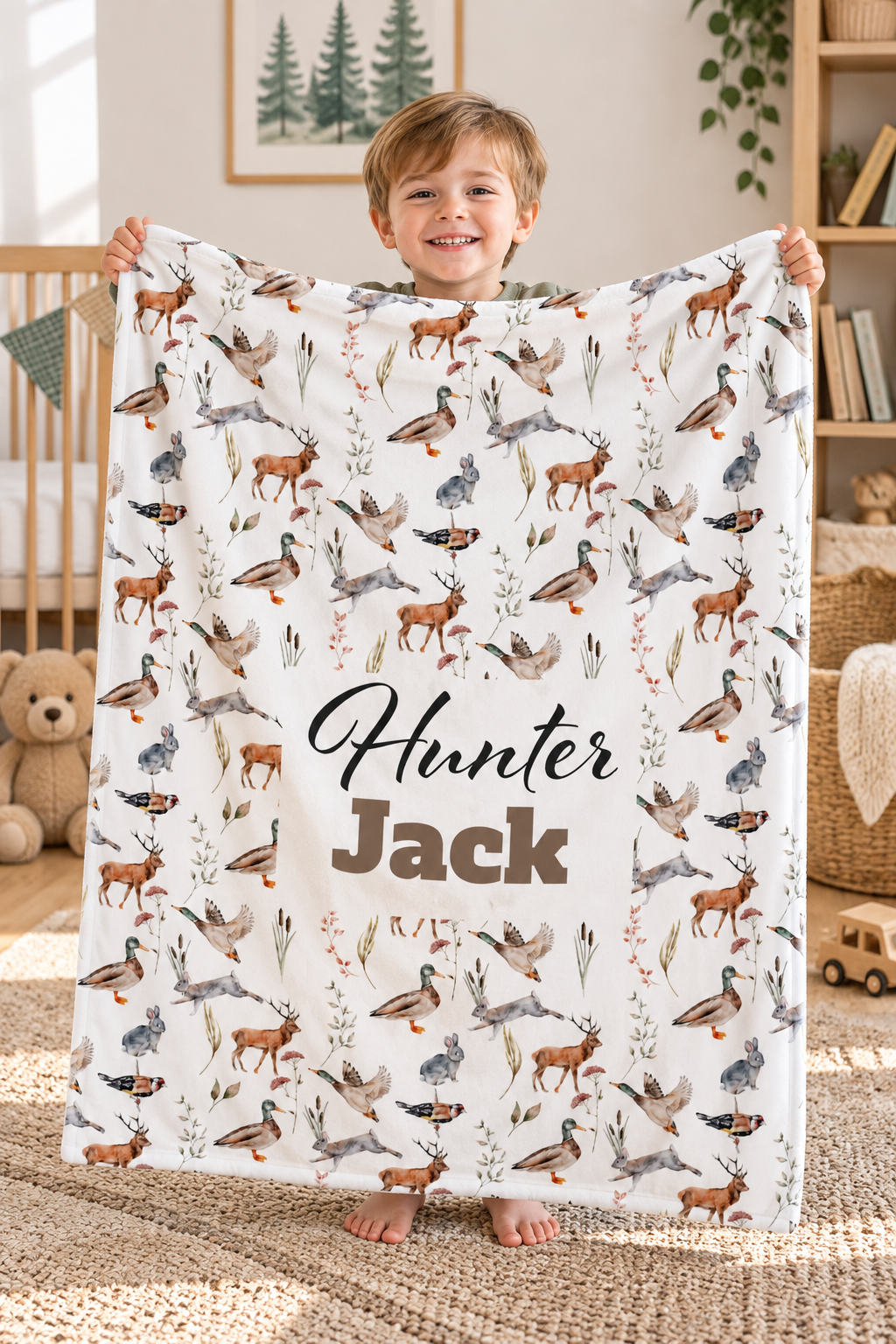 Personalised hunting blanket in the 50 by 60 inch size, ducks and deer with a name Main image