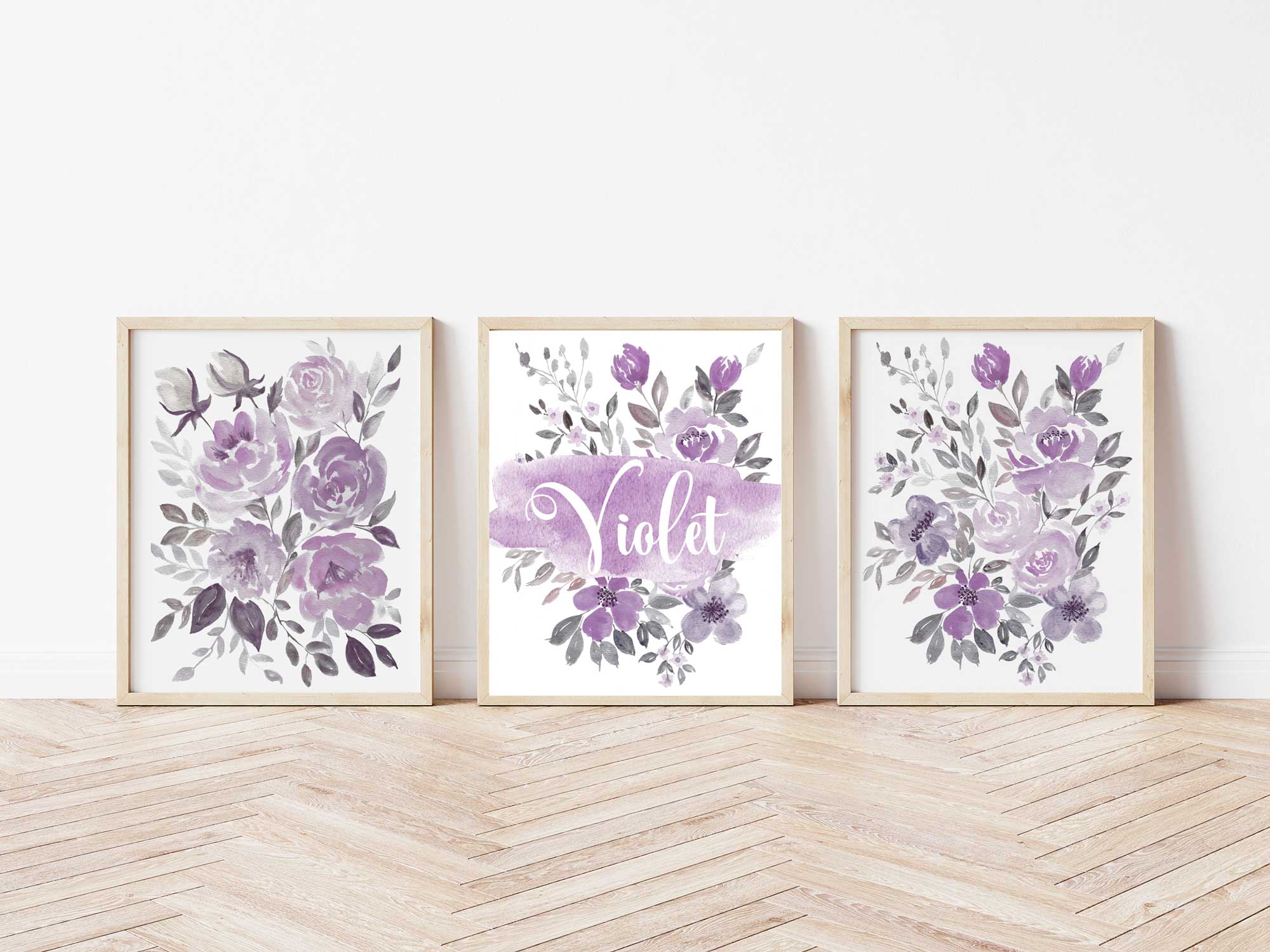 Decoración de guardería morada, lámina floral con nombre para niña Imagen secundaria del producto