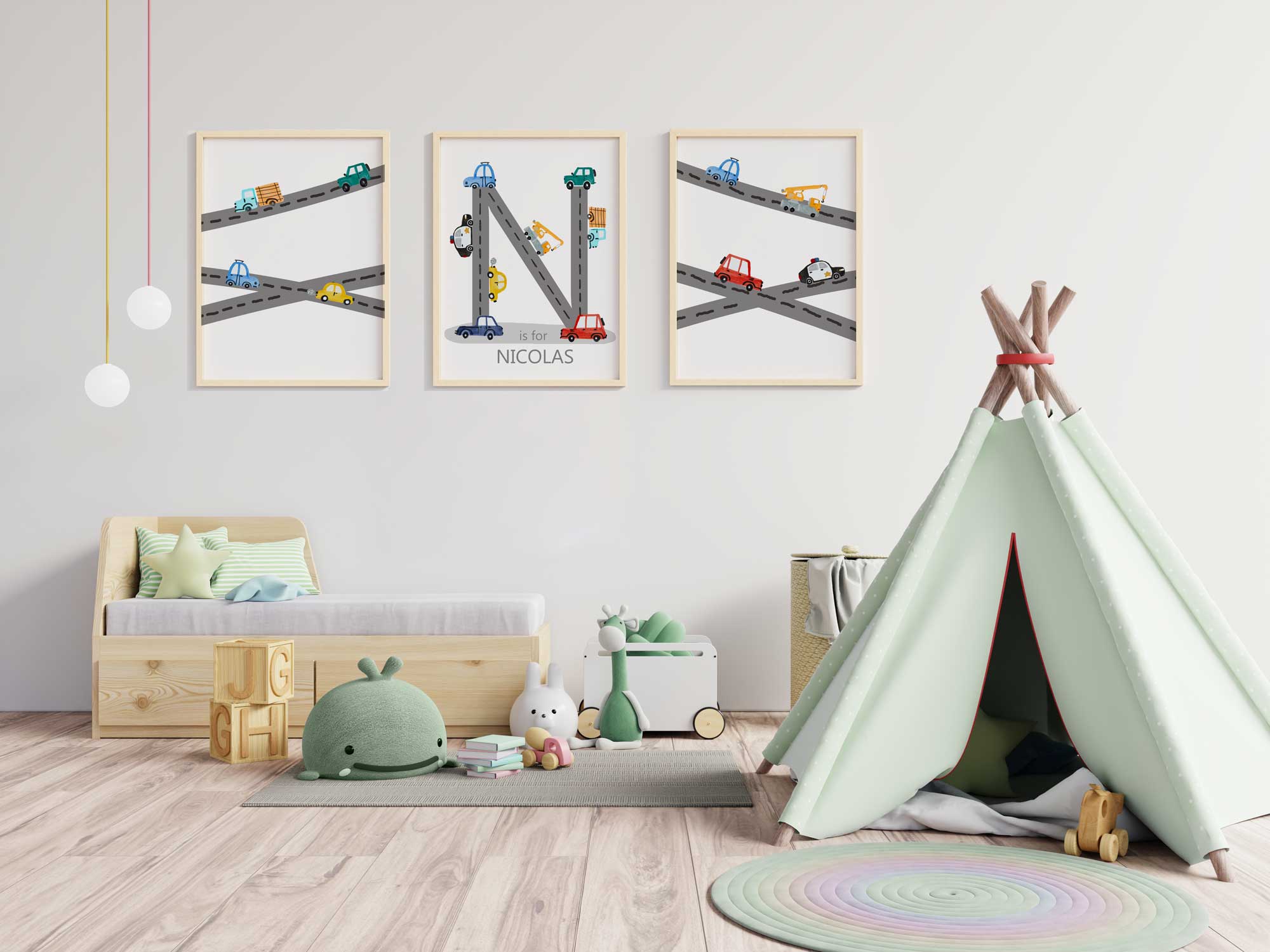 Láminas de vehículos de construcción para cuarto de bebé, mural de carros para cuarto de bebé, decoración personalizada de vehículos para cuarto de bebé, lámina para cuarto de bebé niño Imagen secundaria del producto