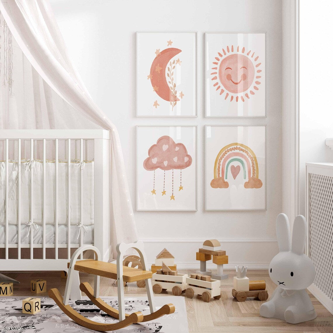 Set of 4 Nursery Prints, Sun Moon Rainbow Clouds Baby Room Decor, Cute Kid's Wall Art, Newborn Gifts, Pastel Neutral Girl Boho Poster Main image