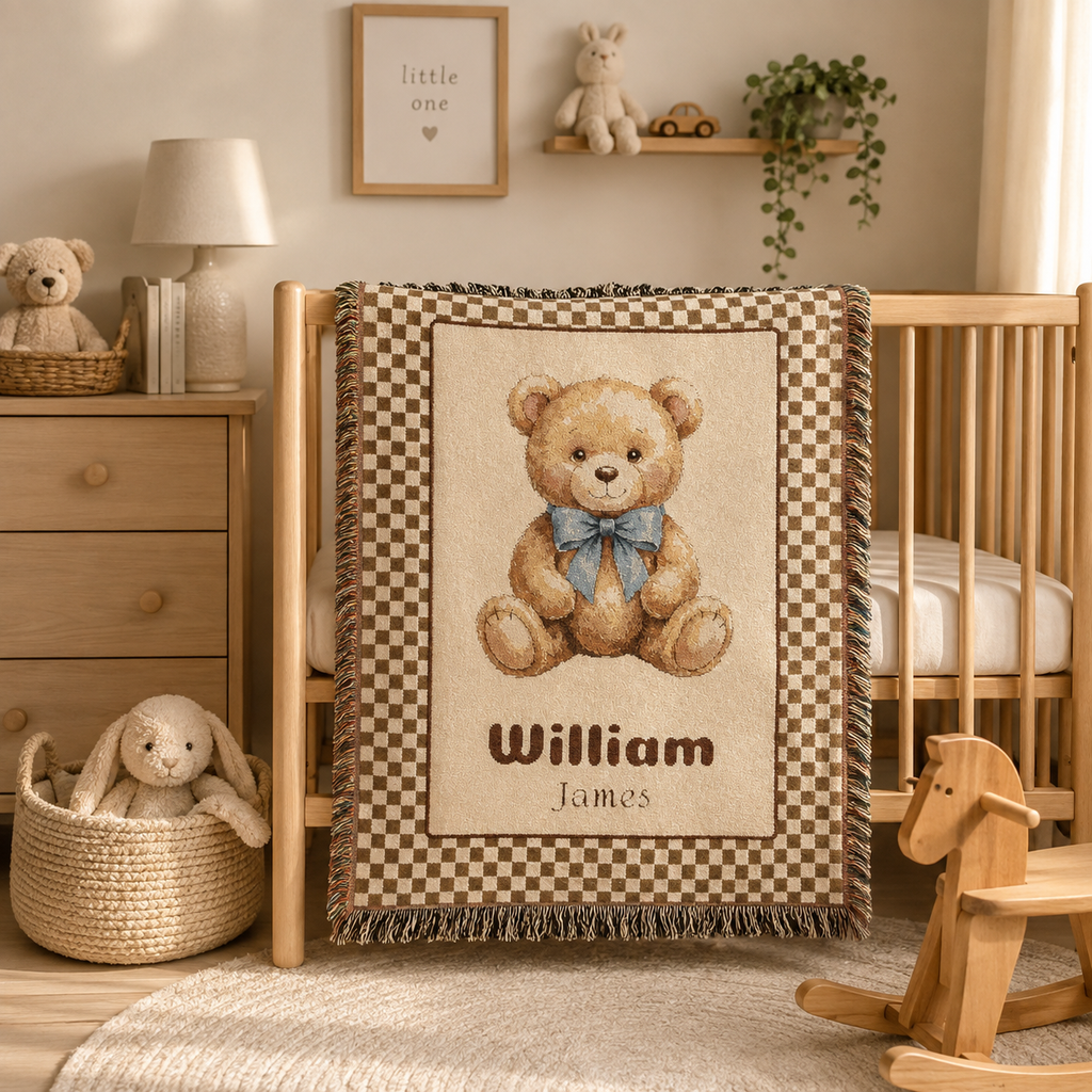 Woven teddy bear baby blanket personalised with a name