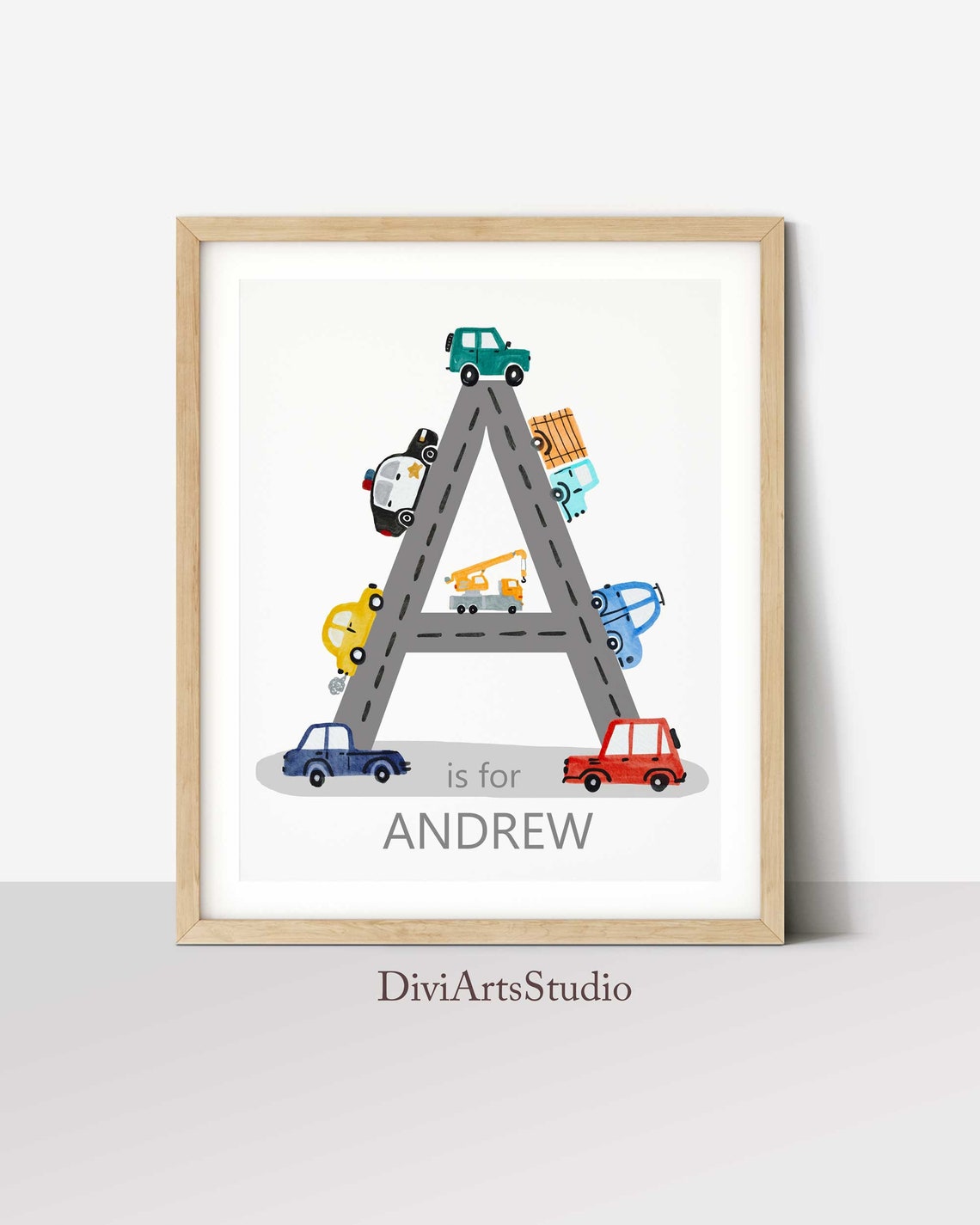 Vehicles Nursery, Name letter Art, Construction Nursery, Car Road Initial Print, Personalized Vehicle Nursery Decor, Boys Room Printable Art Main image