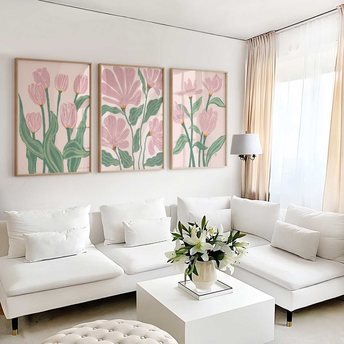 Boho Abstract Flowers, Print Set of 3, Floral Terracotta Prints, Boho Wall Art, Flower Market Poster, Pink and green wall art