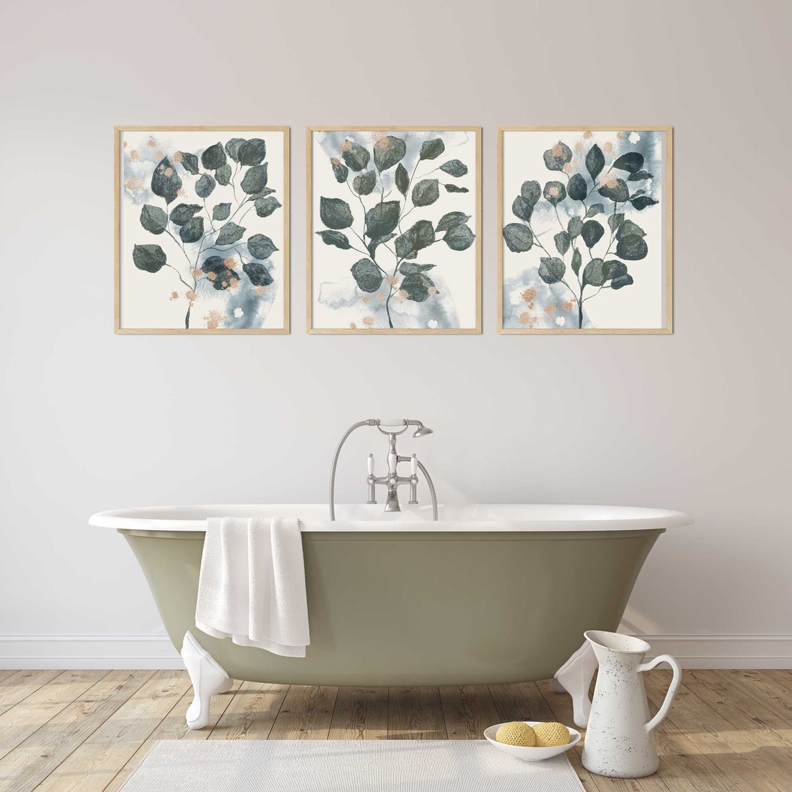 Lot de 3 décorations murales, Impression eucalyptus, Set de 3 impressions botaniques, Art mural vert, Impressions salle de bain, Décoration de salon verdure Image secondaire du produit