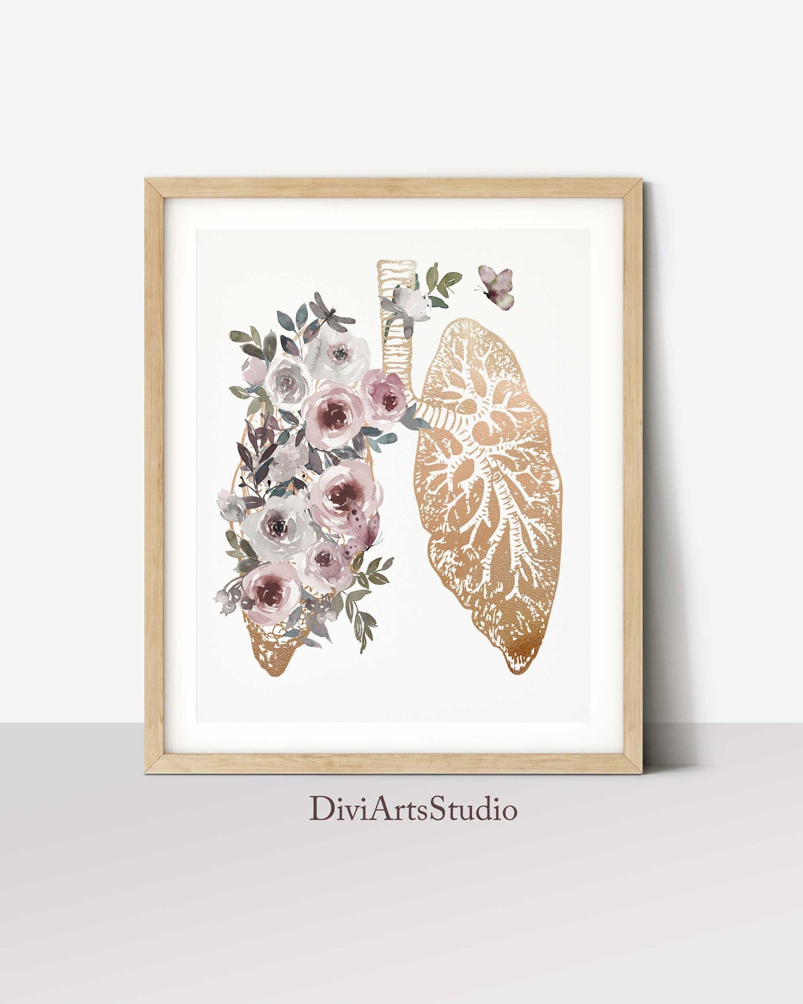 Impression d'art Poumons, Affiche anatomique dorée, Décoration murale médicale, Décoration de cabinet médical, Cadeau de remise de diplôme pour étudiant en médecine, Poumons aquarelle avec fleurs Image secondaire du produit