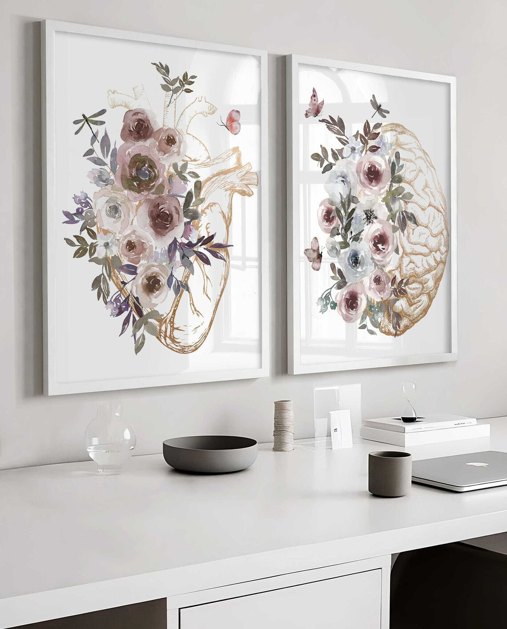 Anatomy Poster, Brain Floral, Gold Heart Print, Set of 2, Medical Student Gift, Doctor Office Decor, Psychologist Gift, Anatomical Art