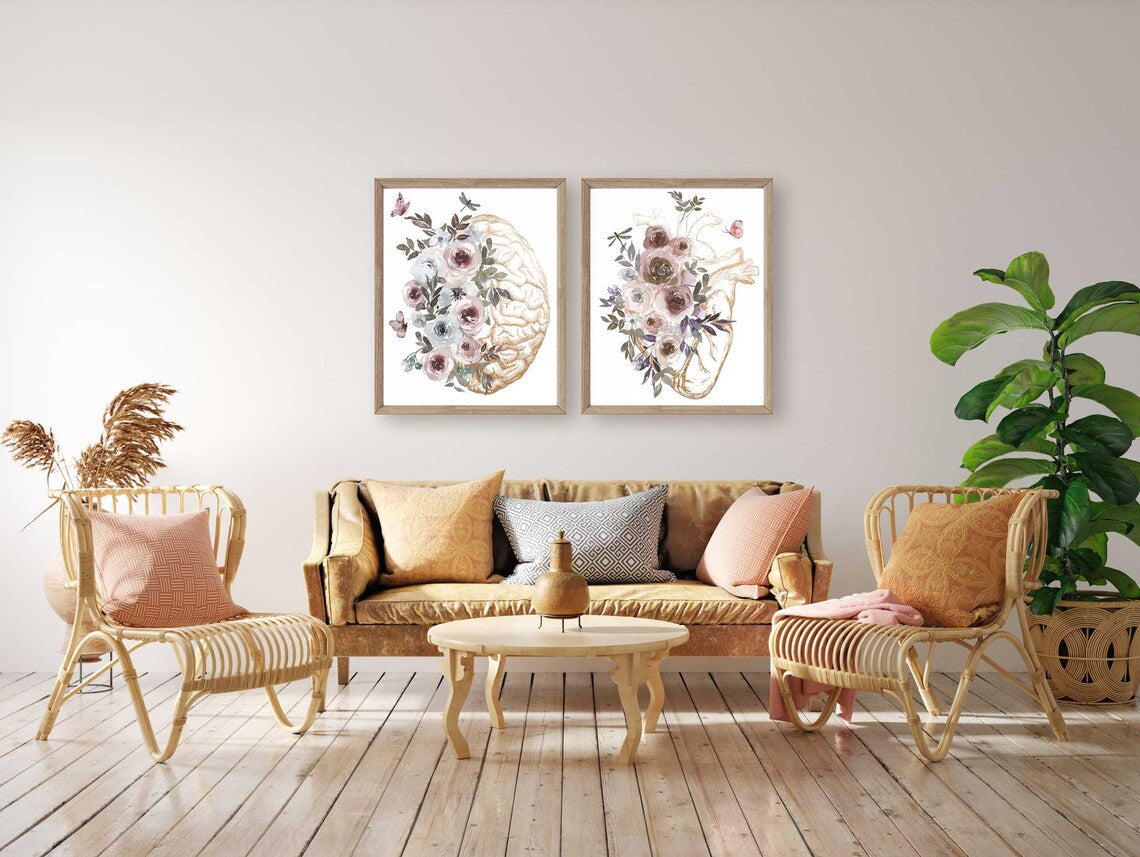 Anatomy Poster, Brain Floral, Gold Heart Print, Set of 2, Medical Student Gift, Doctor Office Decor, Psychologist Gift, Anatomical Art