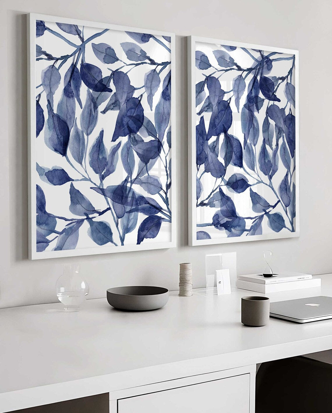 Blue Wall Art, Leaves Eucalyptus Poster, Navy Tropical Wall Art, Botanical Bathroom Prints, Hallway Wall Art, Set of 2 prints, Leaf poster Main image
