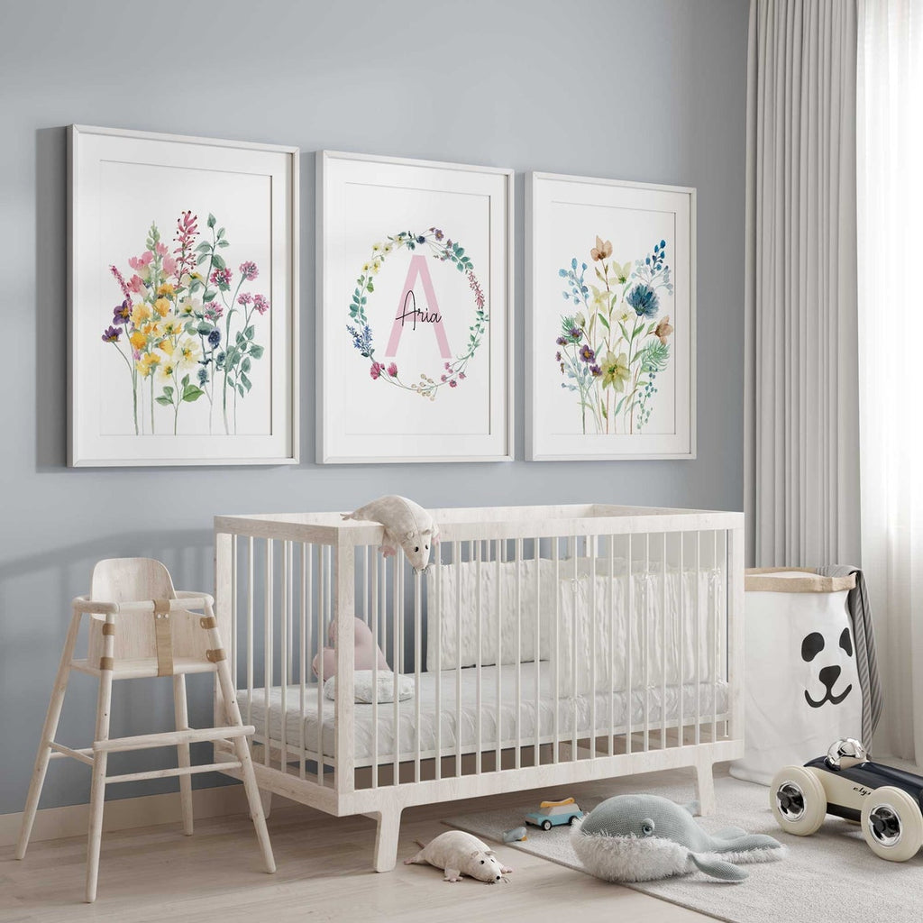 Wildflowers Nursery prints, Girl Nursery Decor, Pastel Girl Name Print, Baby Room Decor, flower Name Personalized, Floral Nursery Wall Art