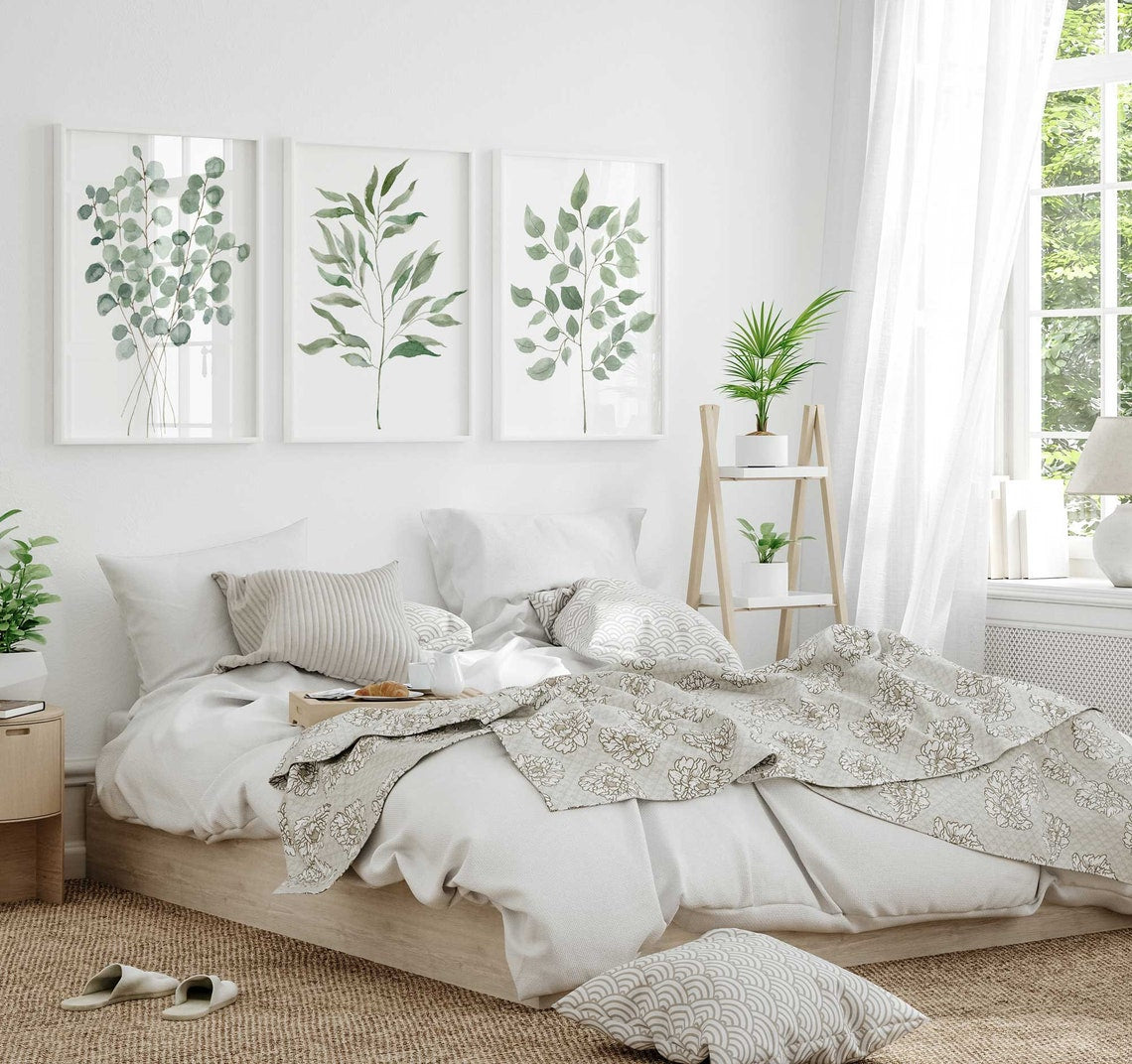 Arte de pared verde salvia, tríptico de tres piezas, lámina de rama de olivo, láminas de eucalipto, decoración botánica de pared, decoración de sala de estar con hojas de acuarela Imagen secundaria del producto
