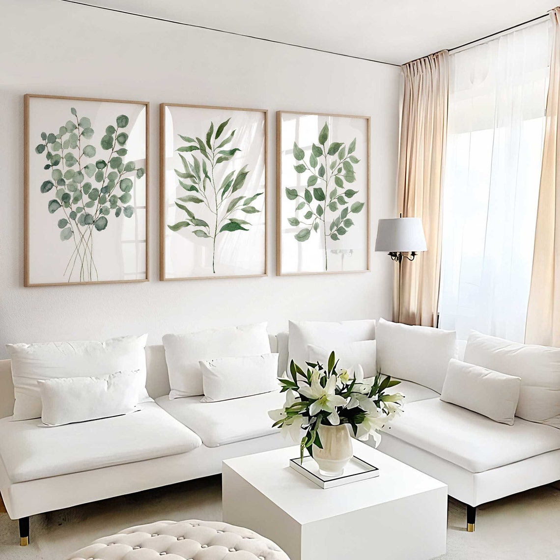 Sage Green Wall Art, Three Piece Triptych, Olive Branch Print, Eucalyptus Prints, Botanical Wall Decor, Watercolor Leaves Living room décor Main image