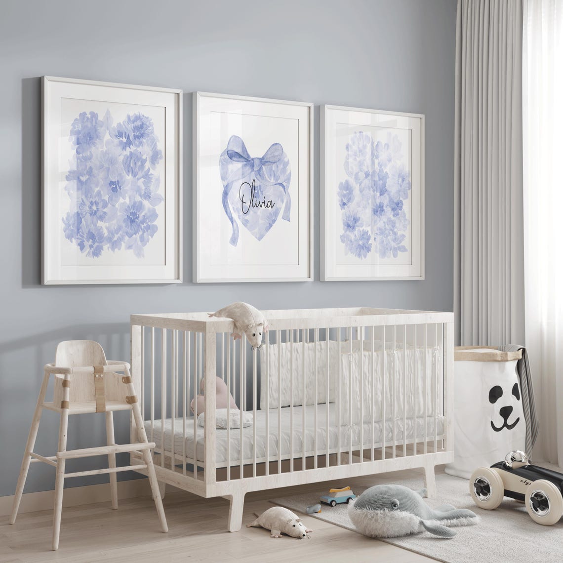 Blue Nursery Wildflower Print, Custom Girl Name Initial, Girl Monogram Name Print, Watercolor Floral, Baby Name Sign, Personalized Nursery Name Main image
