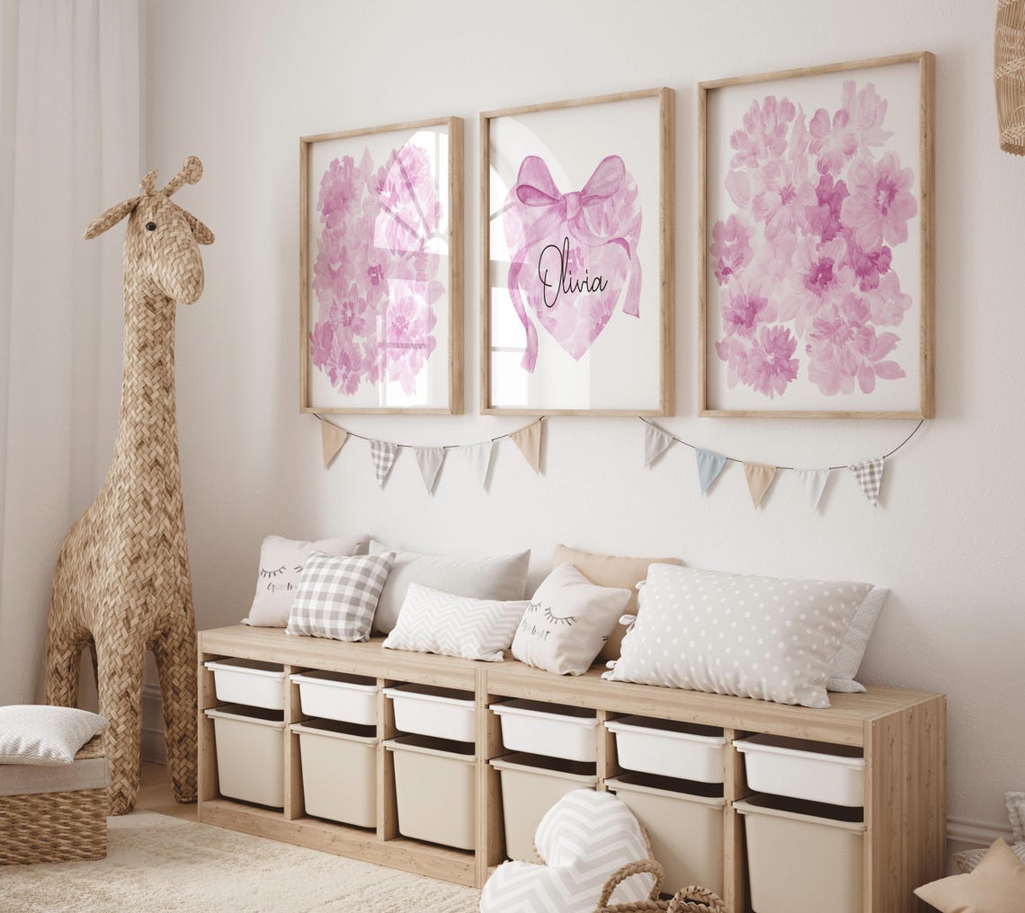 Pink Nursery Wildflower Print, Custom Girl Name Initial, Girl Monogram Name Print, Watercolor Floral, Baby Name Sign, Personalized Nursery Name Main image