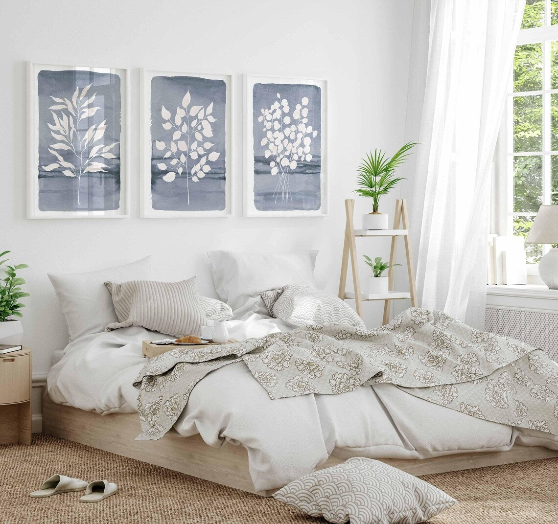 Art mural bleu, impression feuille d'eucalyptus, impression feuille botanique aquarelle, art minimaliste, lot de 4 impressions, décor feuille marine, impressions salle de bain Image secondaire du produit