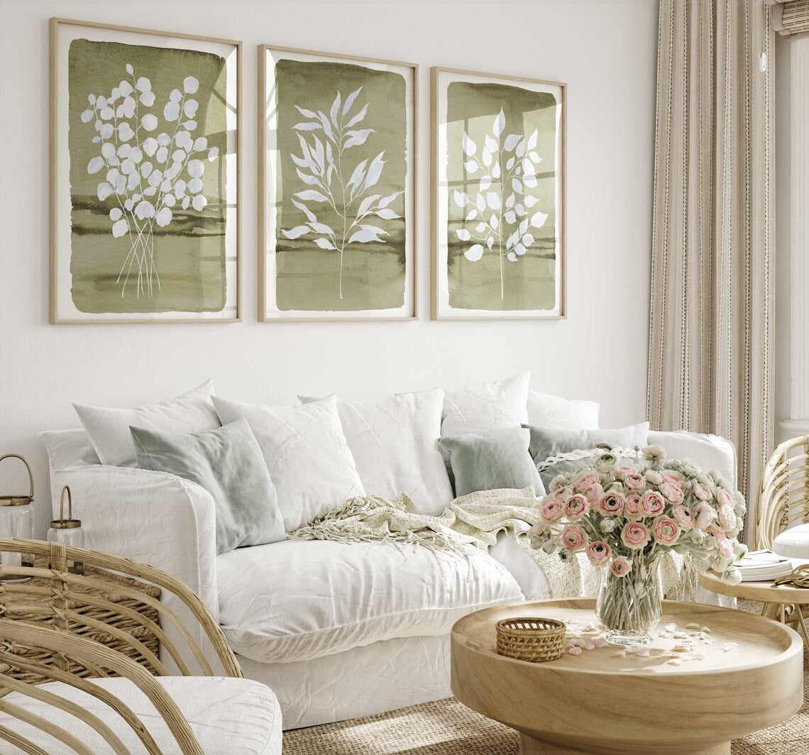 Sap green Botanical Wall Decor, Sage Green Wall Art, Three Piece Triptych, Eucalyptus branch Prints, Watercolor Leaves Living room décor Main image