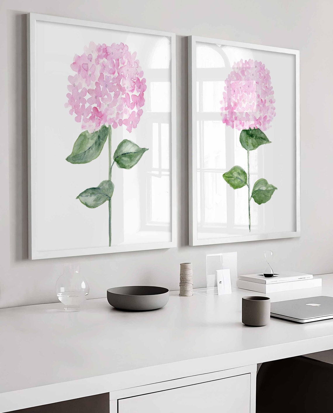 Pink Hydrangea Watercolor, Set of Two Prints, Soft Pink Hydrangea Painting, Botanical Floral Prints, Set of 2 Flowers, Blush Flower Wall Art Main image