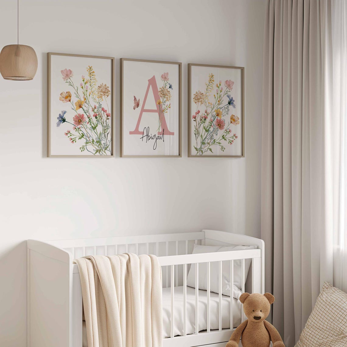 Arte de pared de vivero de flores silvestres rosas, nombre personalizado de vivero, decoración de vivero de niña bohemio, nombre de habitación de bebé personalizado, arte de pared de vivero floral Imagen secundaria del producto