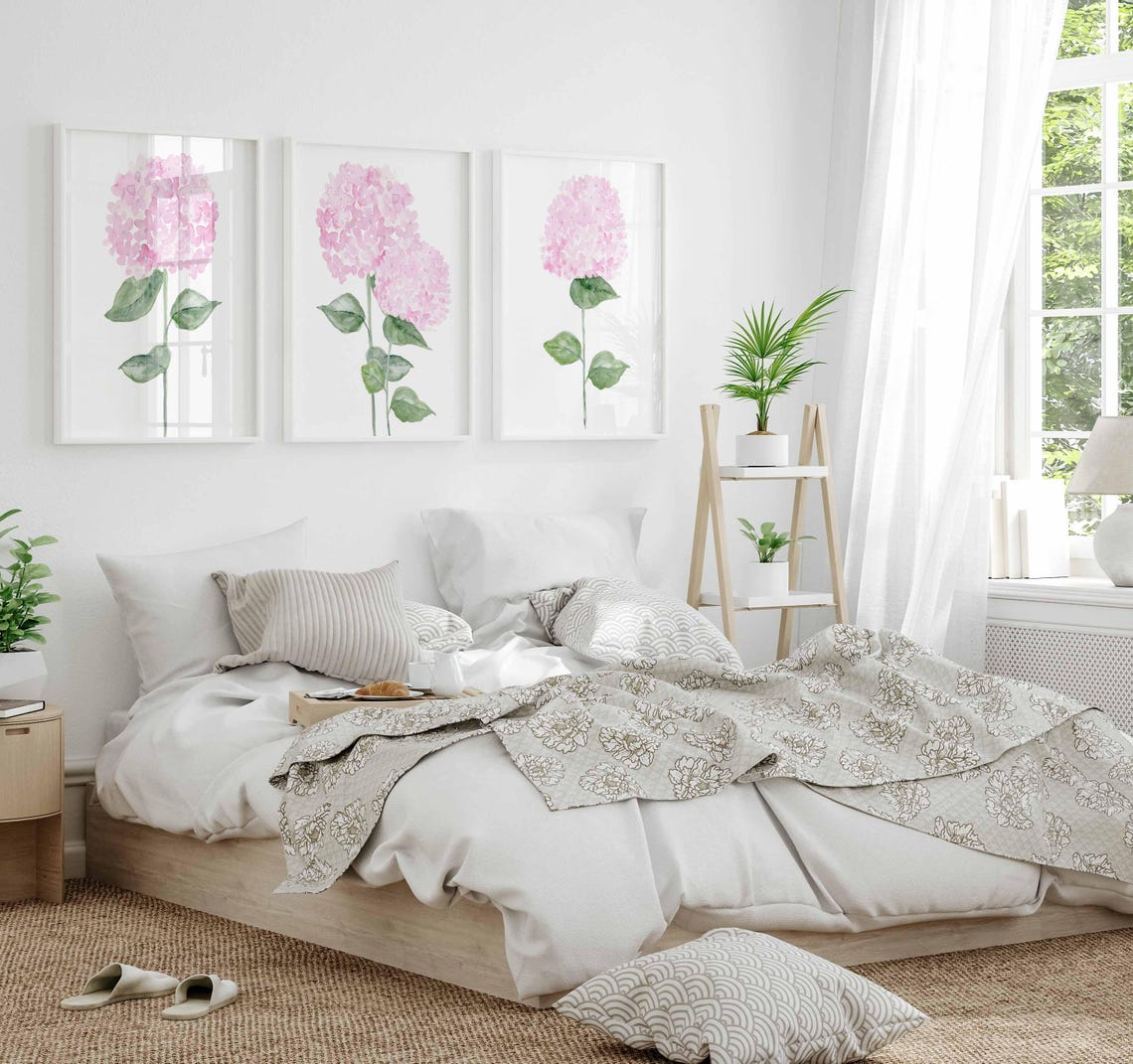 Set de láminas de hortensias rosas, Set de 3 flores botánicas rosas, Pintura de hortensias en acuarela, Arte de pared de hortensias, Decoración de pared de hortensias rosas Imagen secundaria del producto