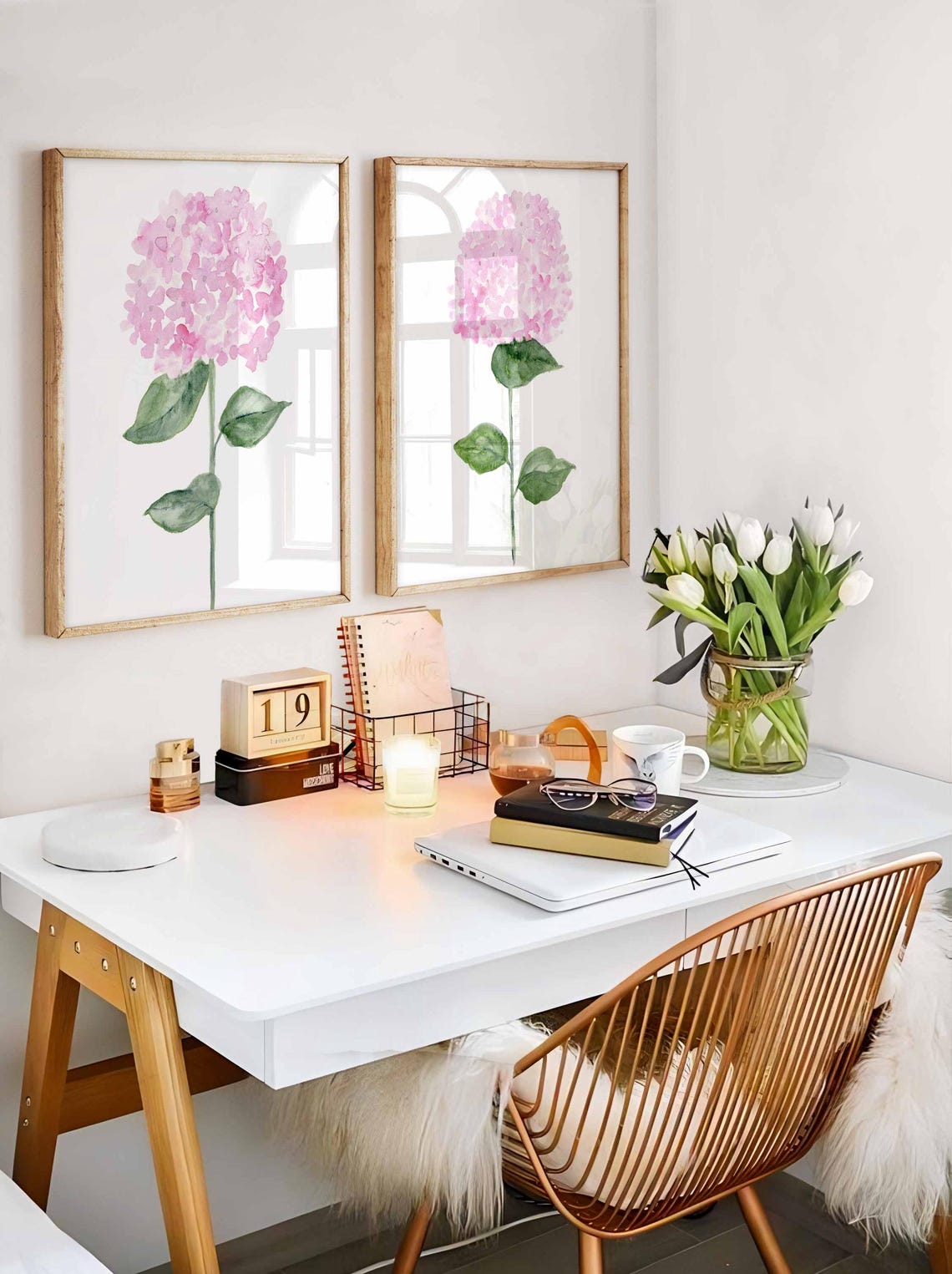 Pink Hydrangea Watercolor, Set of Two Prints, Soft Pink Hydrangea Painting, Botanical Floral Prints, Set of 2 Flowers, Blush Flower Wall Art