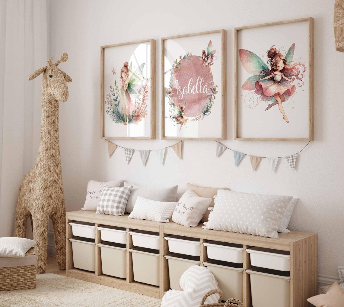 Fairy Nursery Decor, Personalized Name Girl Nursery, Fairy garden Nursery, Pink green nursery prints, Pastel fairy wall art, set of 3 Prints Main image