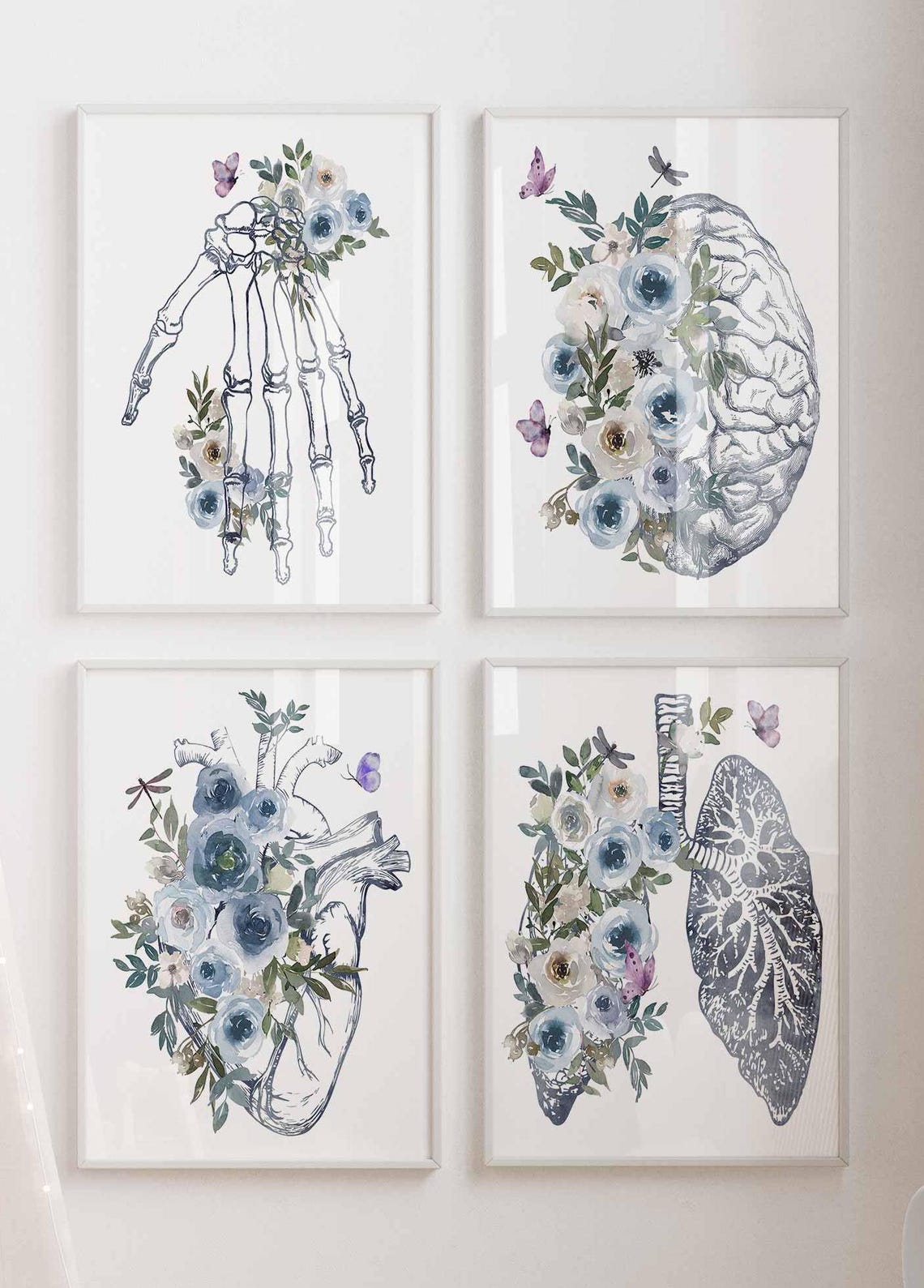 Medical office wall art, Doctor Graduation Gifts, Human Brain heart lungs hand, Floral Anatomy Poster Set, Anatomical flowers Print