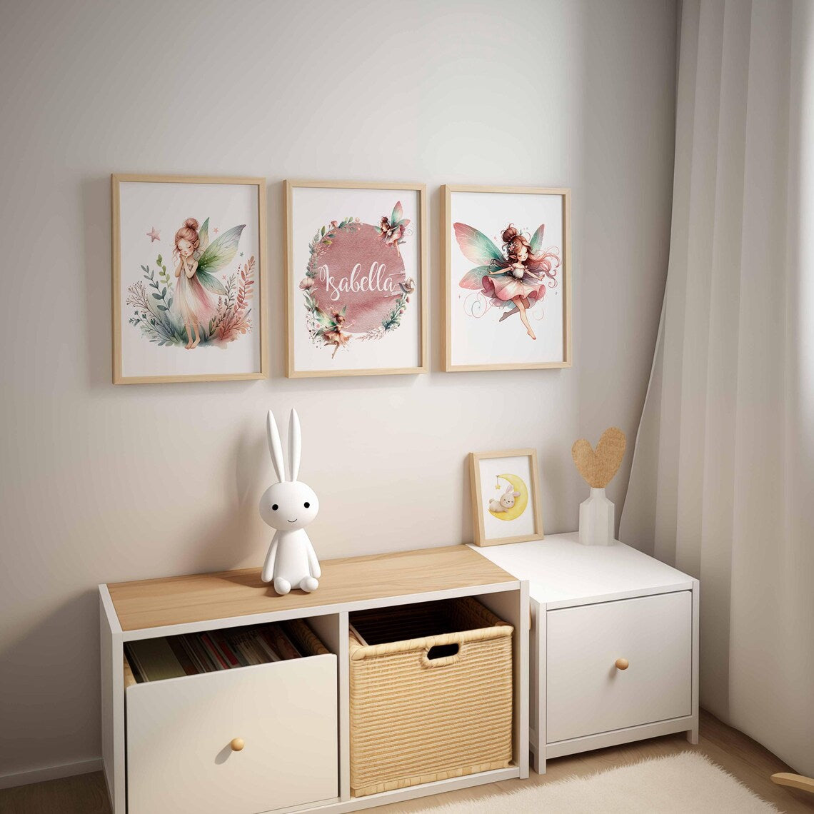 Decoración de hadas para guardería, guardería de niña con nombre personalizado, guardería de jardín de hadas, láminas de guardería en rosa y verde, arte de pared de hadas en tonos pastel, juego de 3 láminas Imagen secundaria del producto