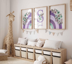 Lavender rainbow set of 3 with a letter S and Sarah above a nursery bench