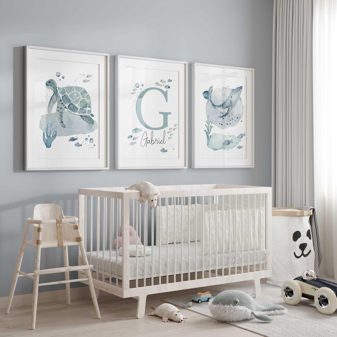 Láminas Infantiles Marinas, Arte de Pared para Habitación de Niño con Temática de Mar, Lámina Personalizada de Animales Marinos con Nombre, Decoración de Habitación de Bebé de Ballena, Tortuga, Pez con Nombre Personalizado Imagen secundaria del producto