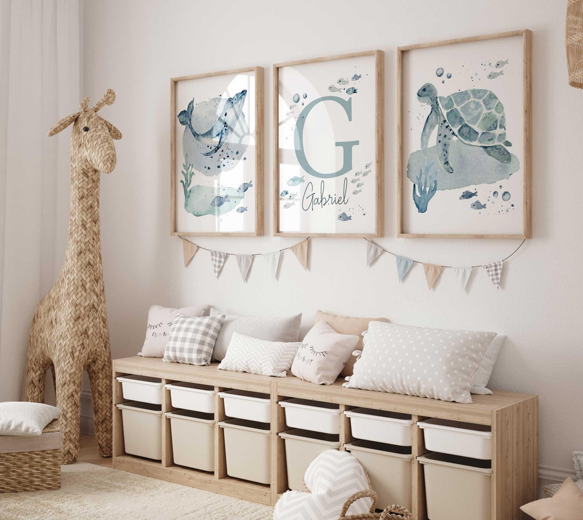 Ocean Nursery Prints, Sea Theme Boy Nursery Wall Art, Sea Animals Personalized Name Print, Whale Turtle Fish Baby Room Decor Custom Name Main image
