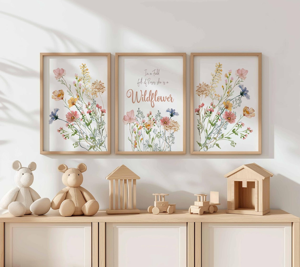 Boho Nursery Wildflower Prints, In a field of roses she is a wildflower, Nursery Meadow flowers, Girl floral Nursery Decor, Pastel Flowers Main image