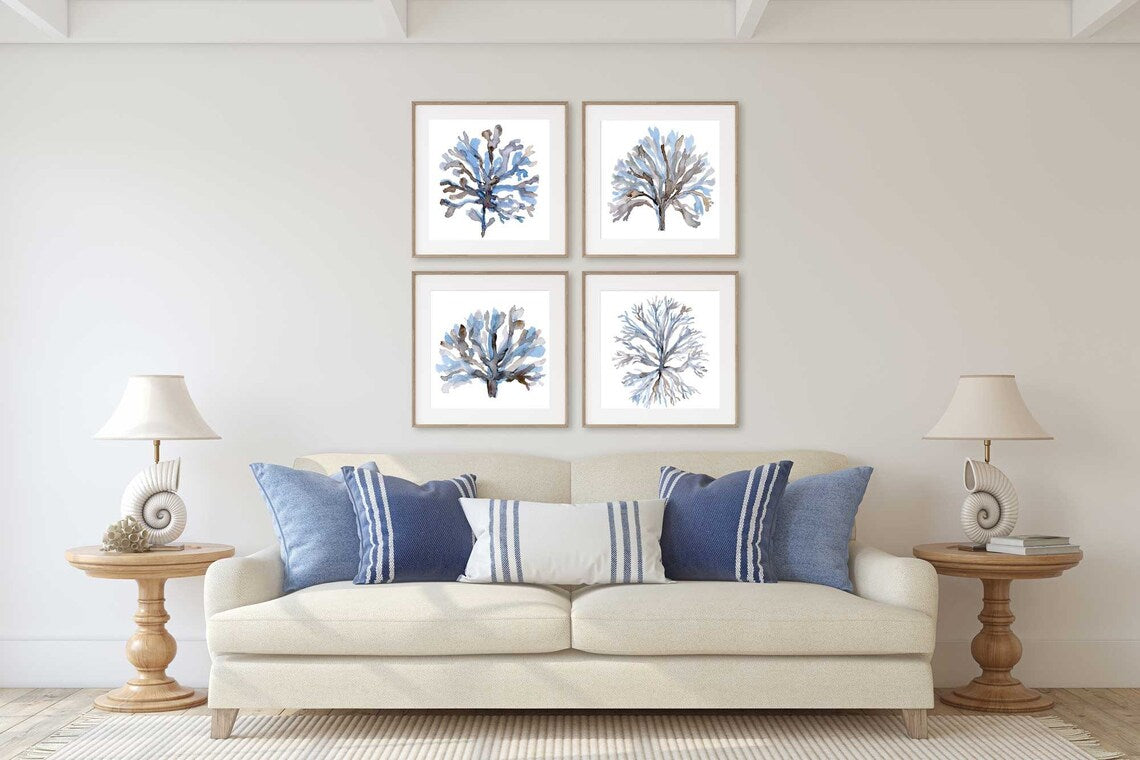 Arte de pared cuadrado de algas marinas, coral azul costero, juego de 4 impresiones artísticas de pared, pintura de acuarela minimalista azul marino, casa de playa, arte de primavera y verano Imagen secundaria del producto