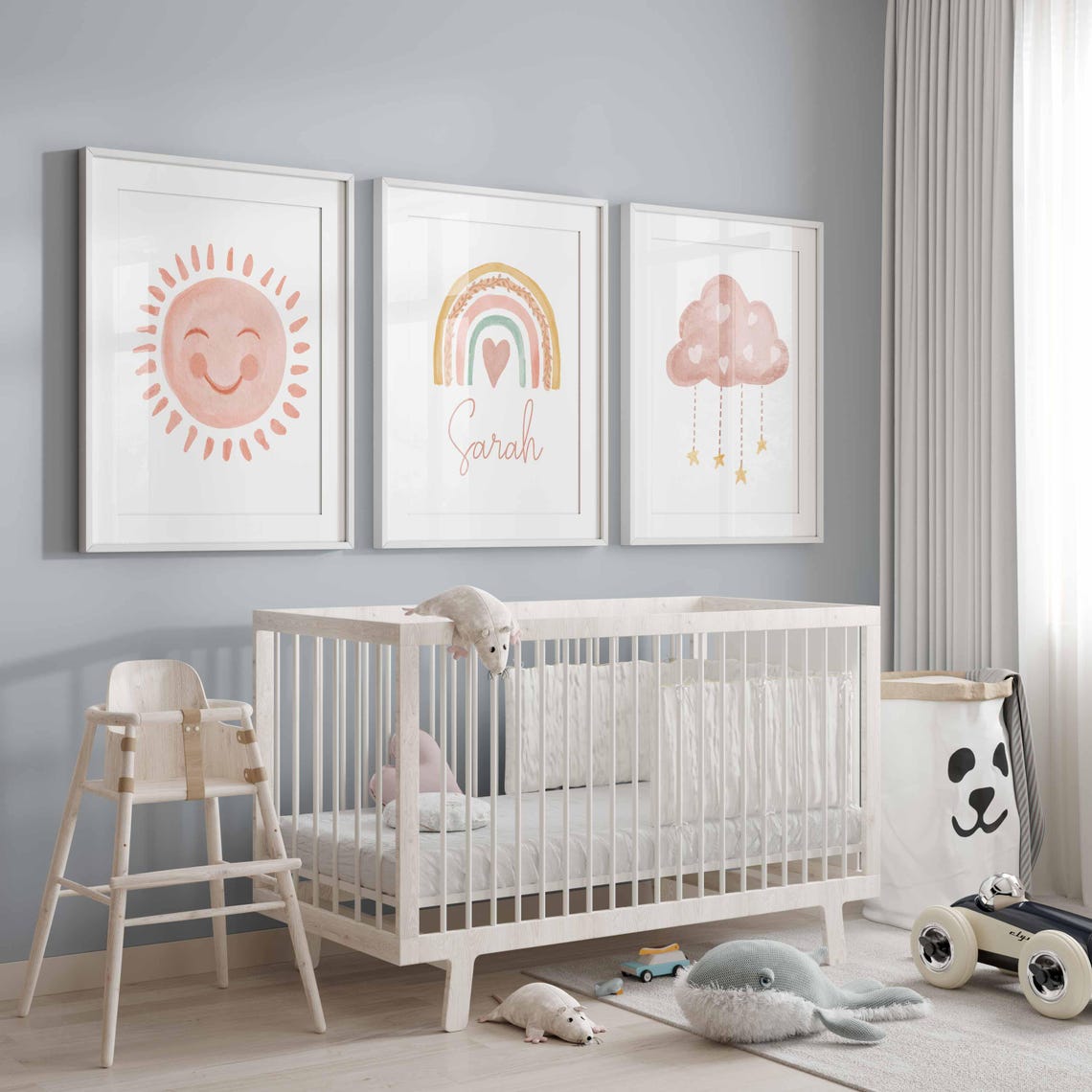 Habitación Boho para Niña, Nombre Sol Arcoíris Nube, Decoración personalizada de habitación de bebé niña, Lindos estampados de arte de pared para niños, Juego de 3 obras de arte en acuarela Imagen secundaria del producto