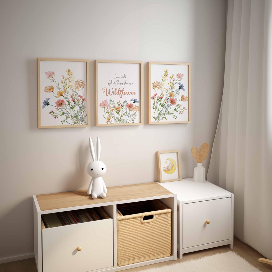 Vivero Boho Flores Silvestres, En un campo de rosas, Lámina de vivero para bebé, Arte de pared de flores pastel, Lámina "ella es una flor silvestre" para vivero Imagen secundaria del producto