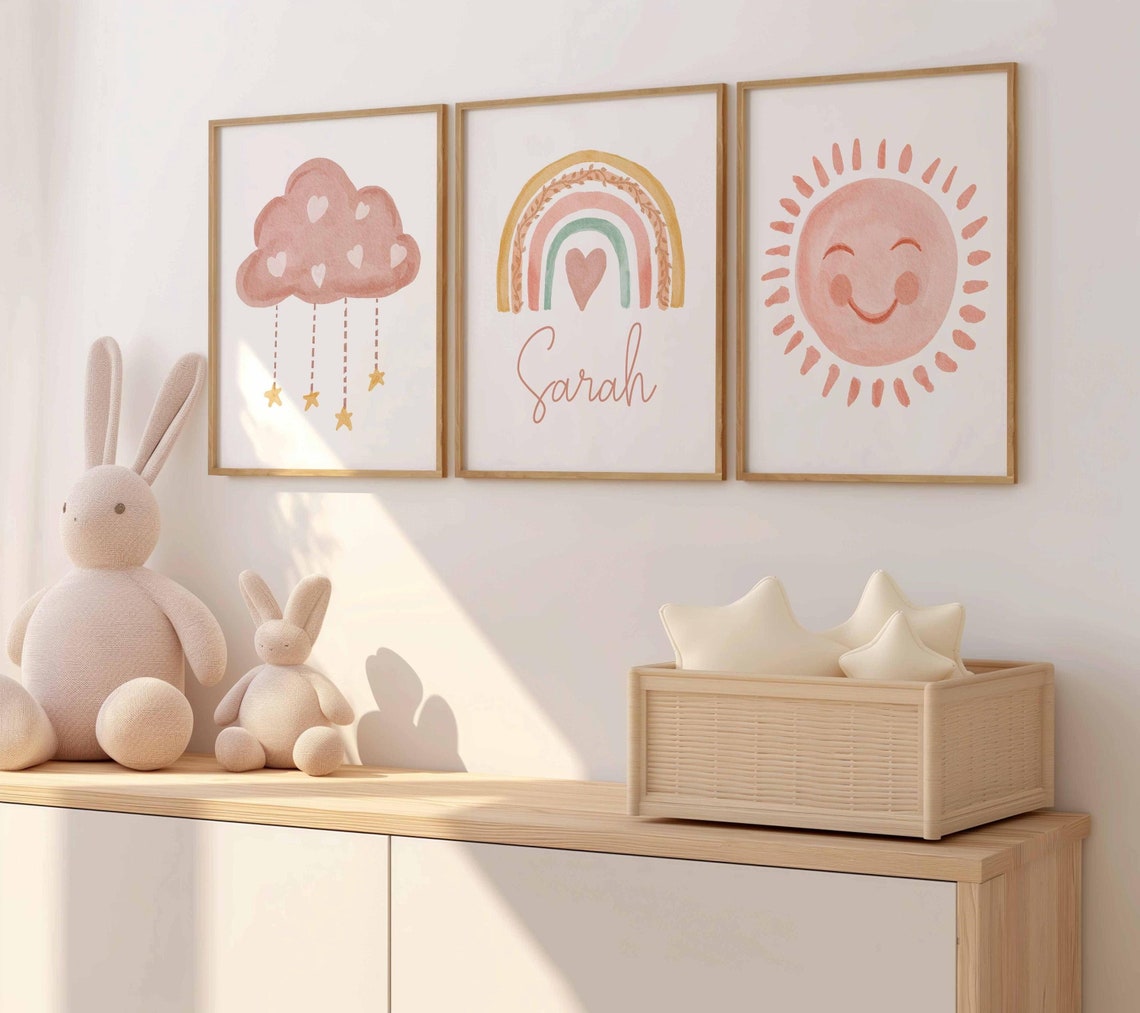 Boho Girl Nursery, Sun Rainbow Cloud Name, Personalized baby girl room decor, Cute wall art prints for kids, Watercolor Set of 3 Artwork Main image