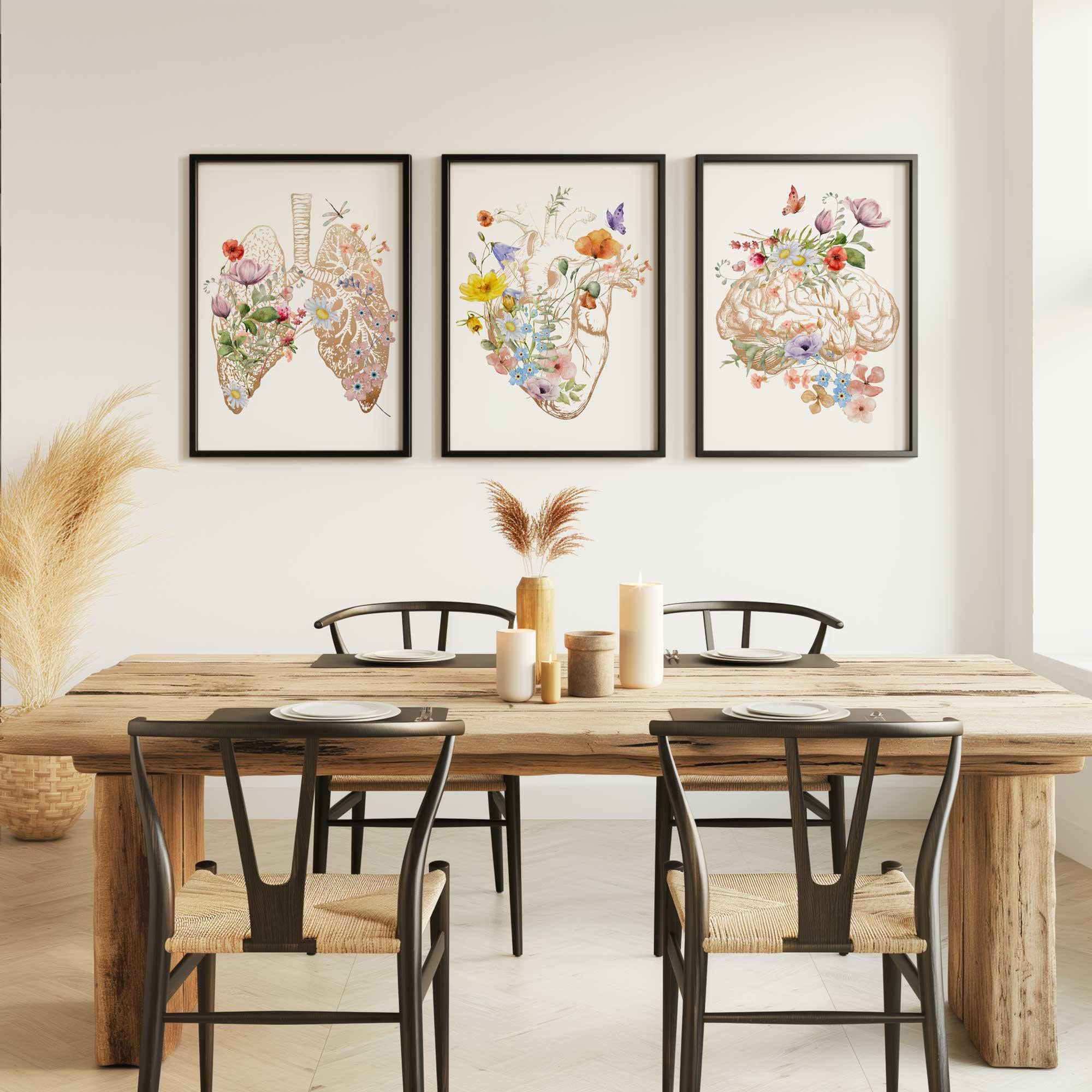 Art anatomique, art doré pour cabinet médical, décoration murale anatomique, affiche de cœur humain floral, impressions de cerveau, cœur et poumons anatomiques, cadeau pour étudiant Image secondaire du produit