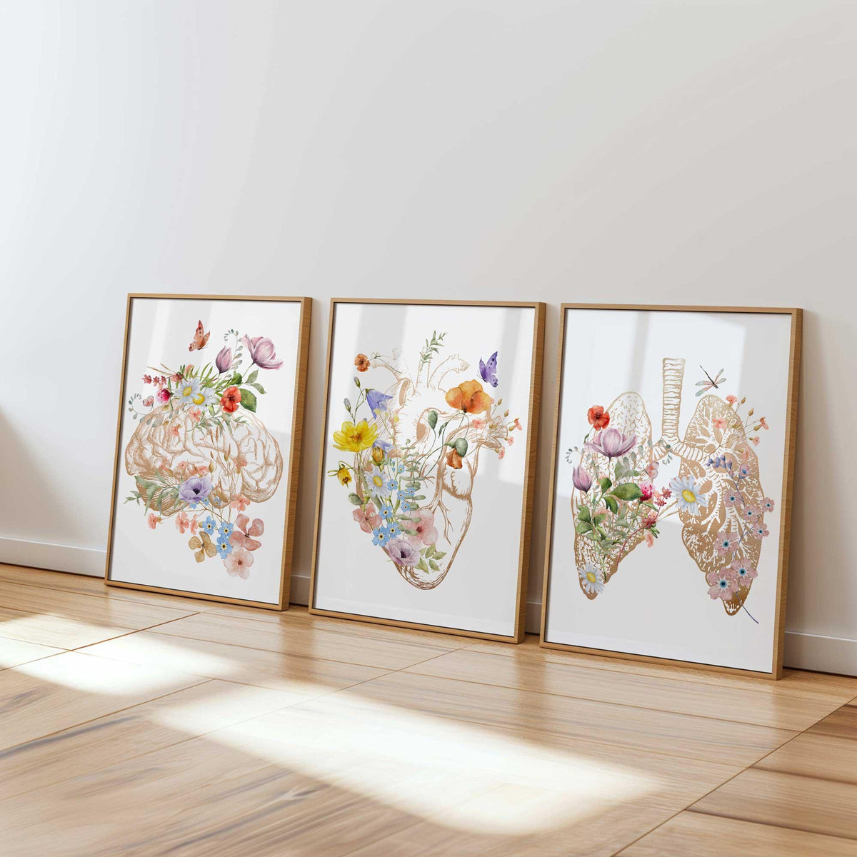 Anatomy Art, Gold medical office art, Anatomy wall Decor, Human Heart floral poster, Anatomical Brain Heart Lung Prints, Gift for student Main image