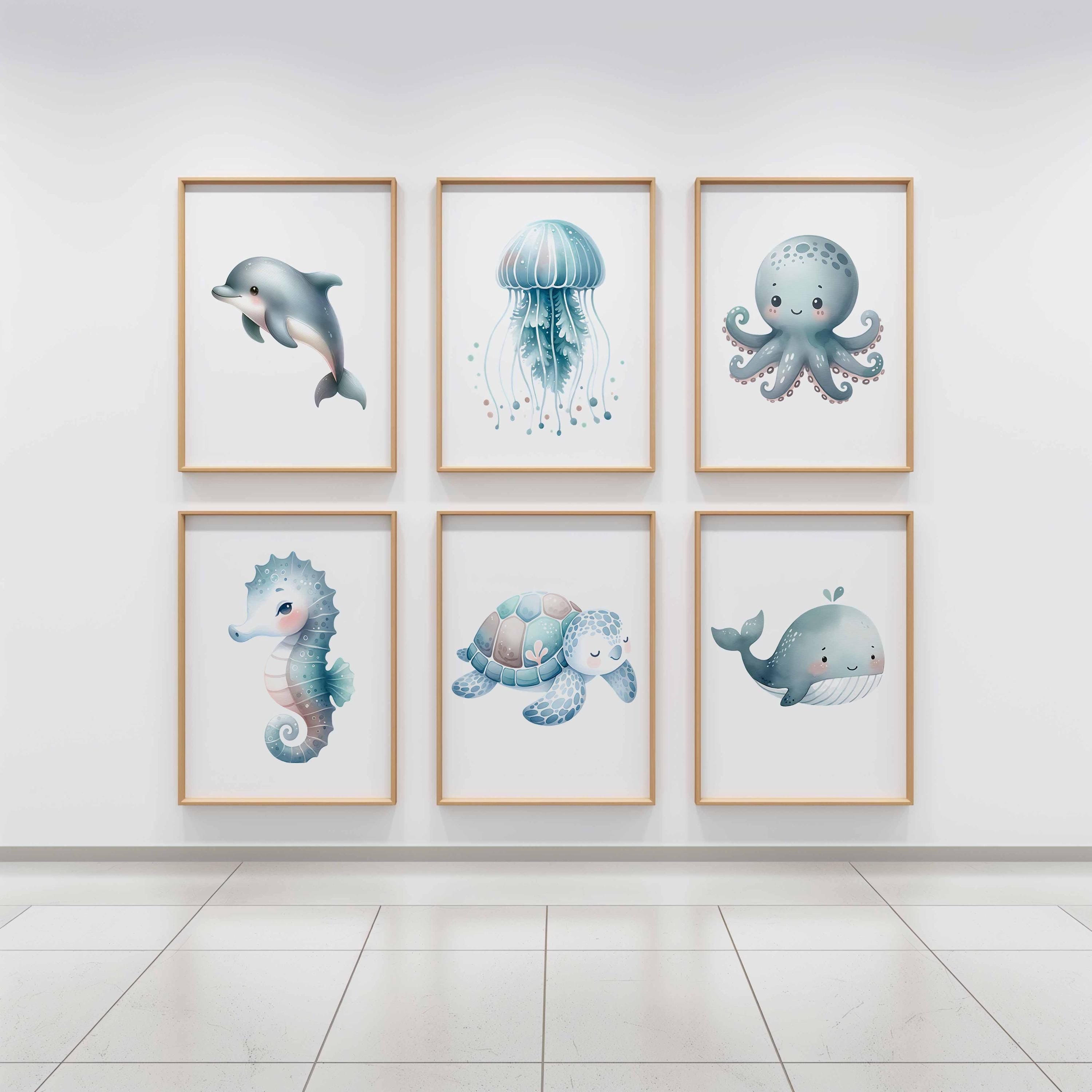 Guardería de animales marinos bebés, láminas con temática oceánica, set de 6 cuadros, póster de medusa, ballena y delfín, decoración de acuarela para habitación infantil de niño Imagen secundaria del producto