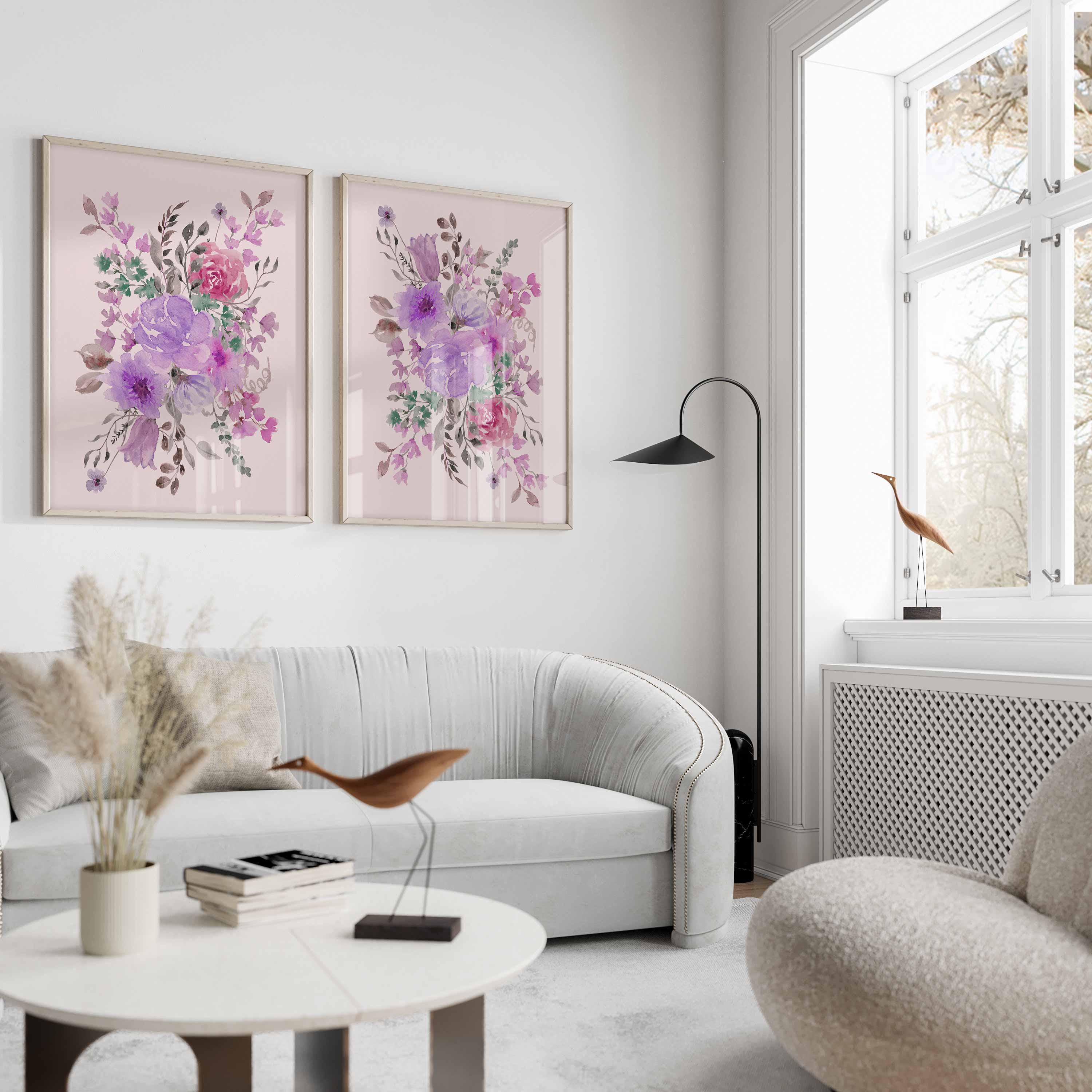 Peinture florale violette, art mural abstrait grandes fleurs, impression bouquet de fleurs roses, décoration chambre de bébé lilas, décoration salon blush, lot de 2 impressions Image secondaire du produit