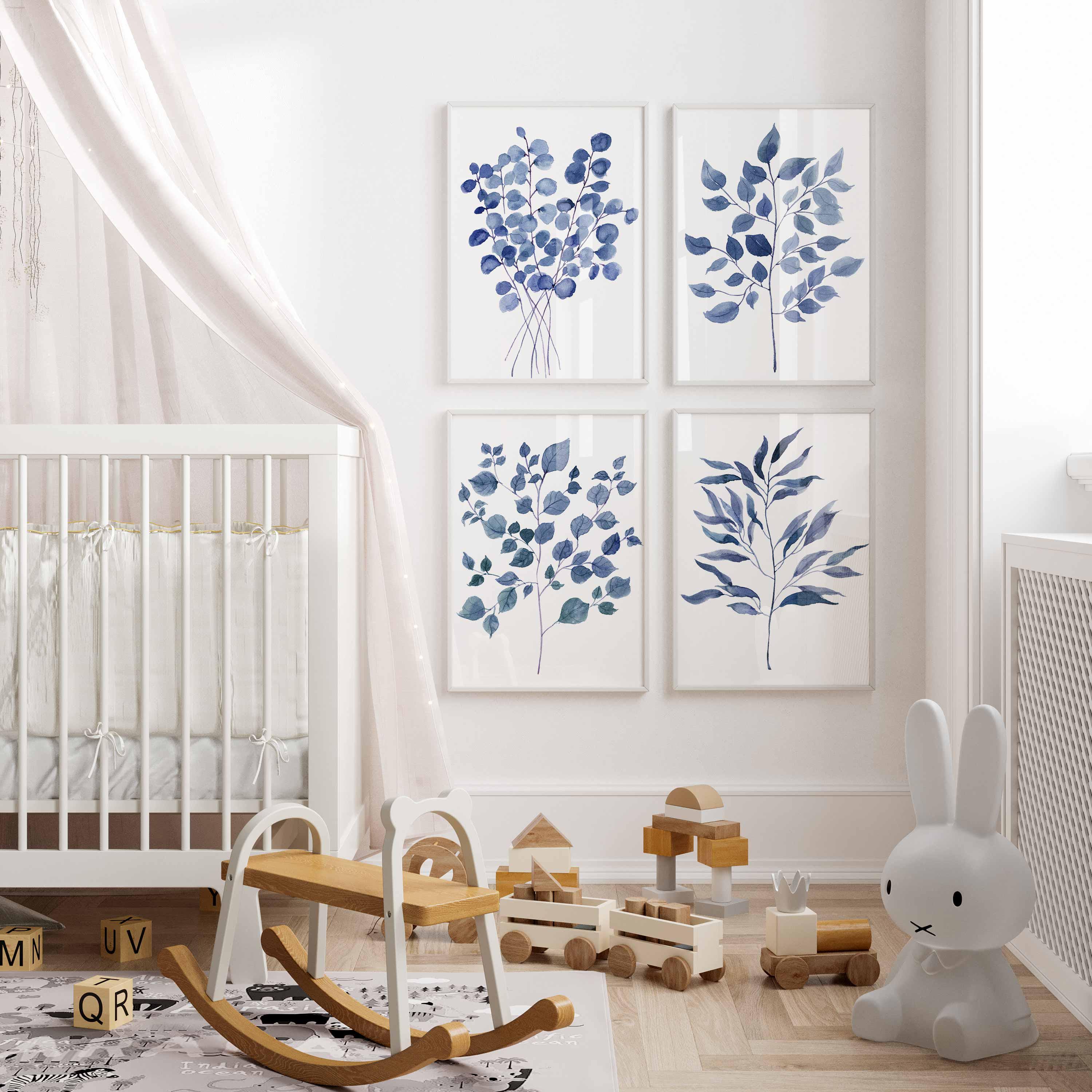 Art mural botanique bleu marine, lot de 4 impressions de feuilles, impression d'eucalyptus, affiches de salle de bain aquarelle, œuvre d'art de feuilles, décoration murale bleue, maison de vacances Image secondaire du produit