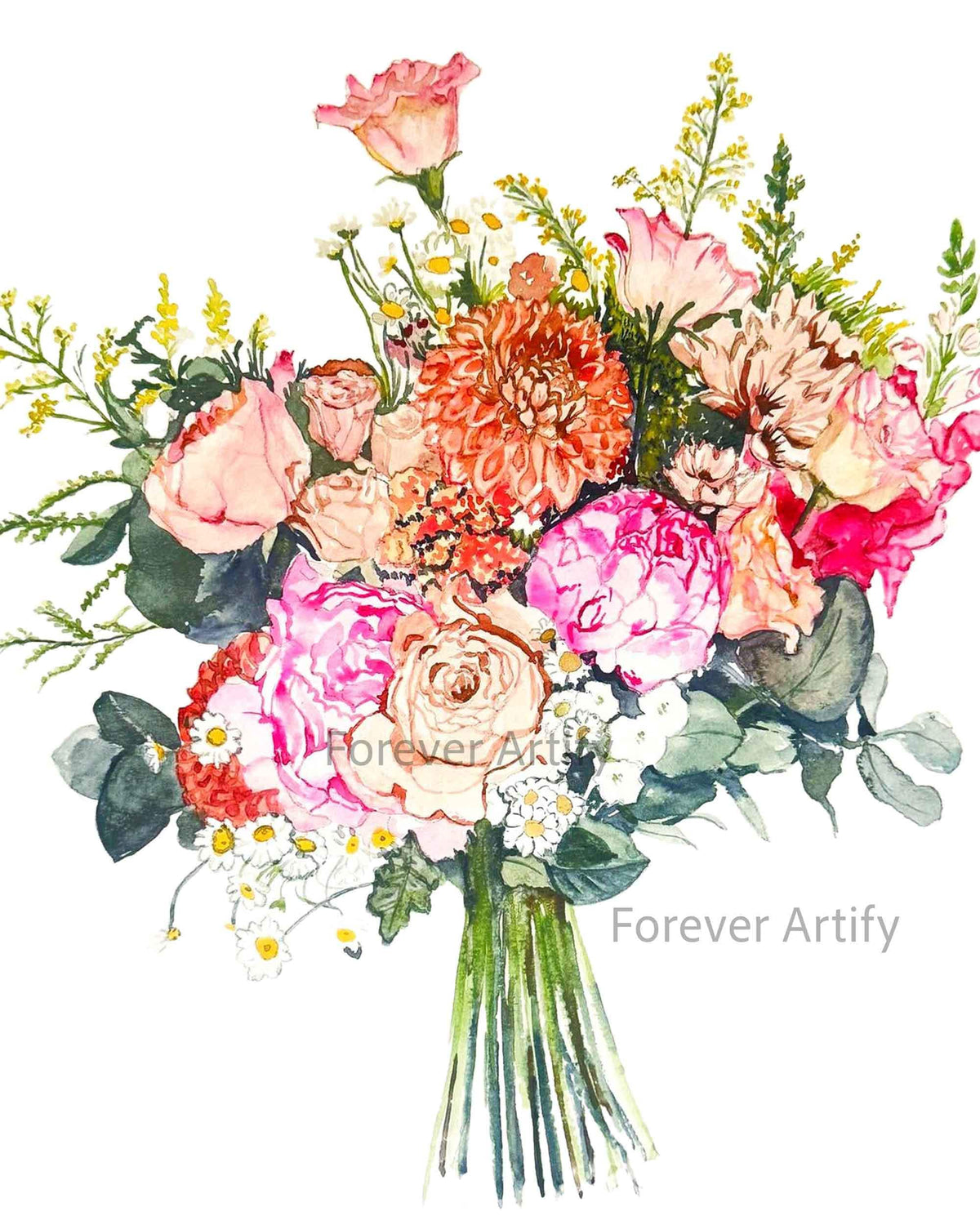 Hand-painted watercolour wedding bouquet from a photo, pink peonies and orange dahlia with eucalyptus