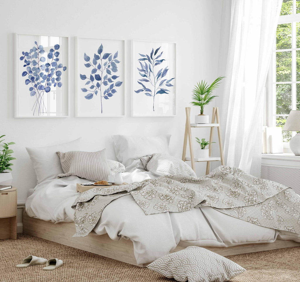 Blue Wall Art Three Piece Triptych Botanical Print Set Eucalyptus Prints Navy Bedroom Wall Decor Watercolour Leaves Living room decor
