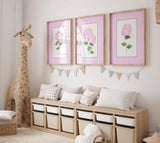 Pink Stripes Coastal Decor, Set of 3 hydrangeas, Trendy Grand millennial Wall Art, Watercolour Floral Living room artwork, baby Girl Nursery